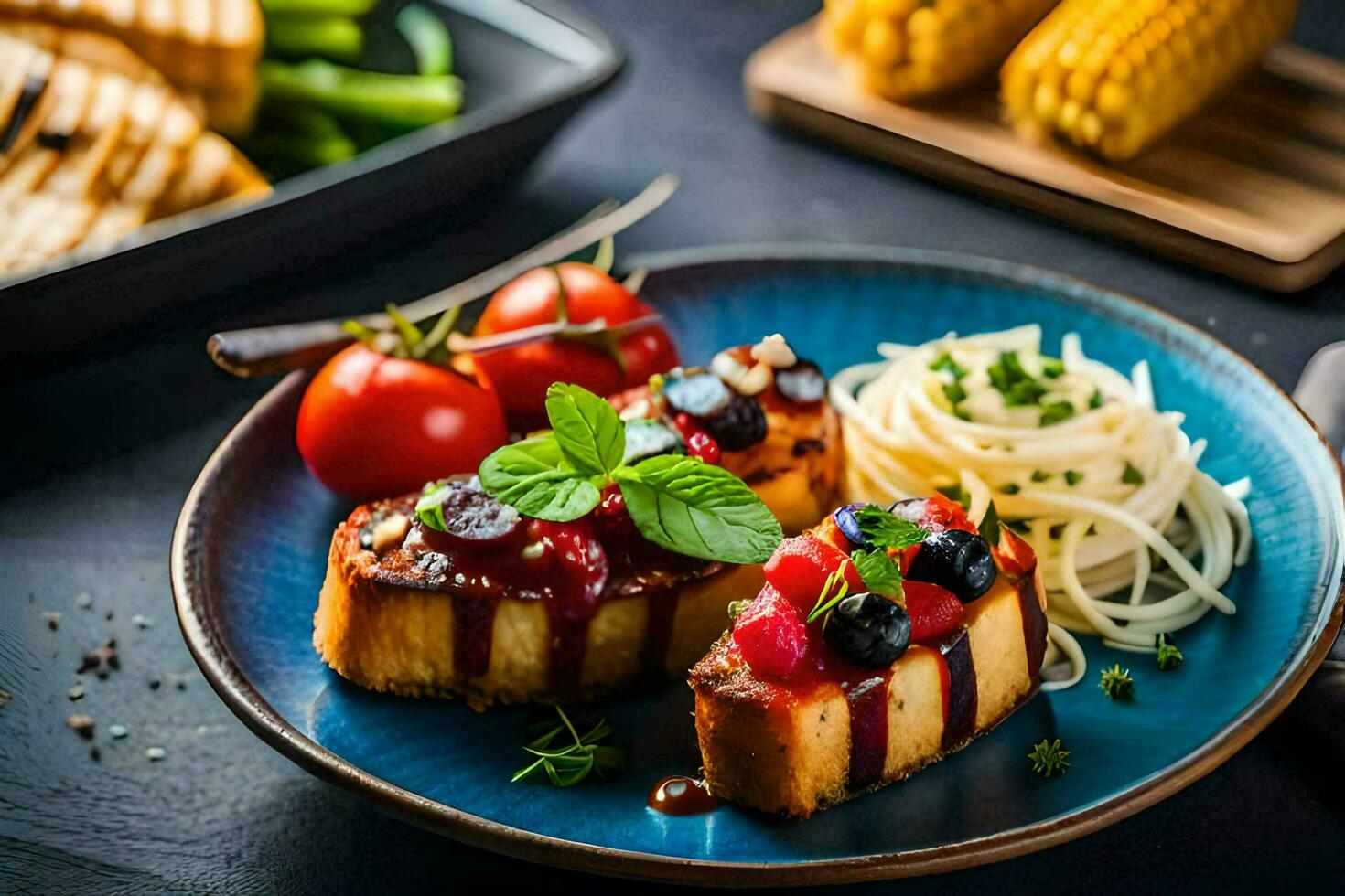 grillé pain avec tomate et blé sur une bleu plaque. généré par ai photo