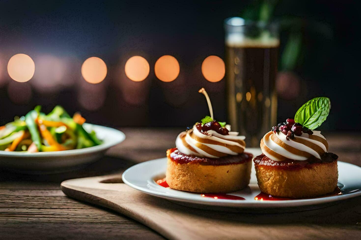 deux petit Gâteaux sur une assiette avec une verre de du vin. généré par ai photo