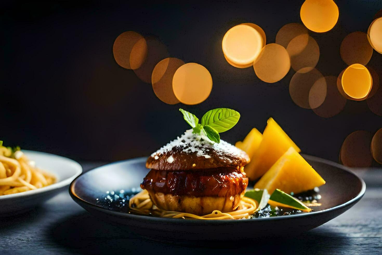 une assiette de nourriture avec spaghetti et Boulettes de viande. généré par ai photo