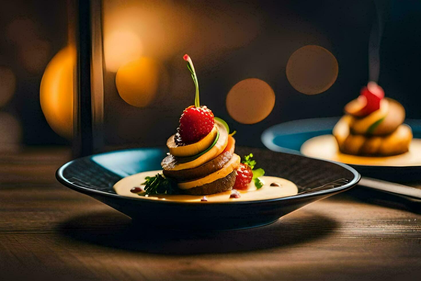 deux assiettes avec nourriture sur eux. généré par ai photo