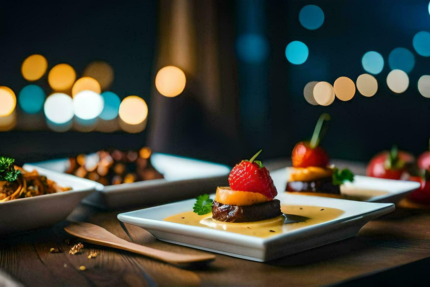 une table avec nourriture et les boissons sur il. généré par ai photo