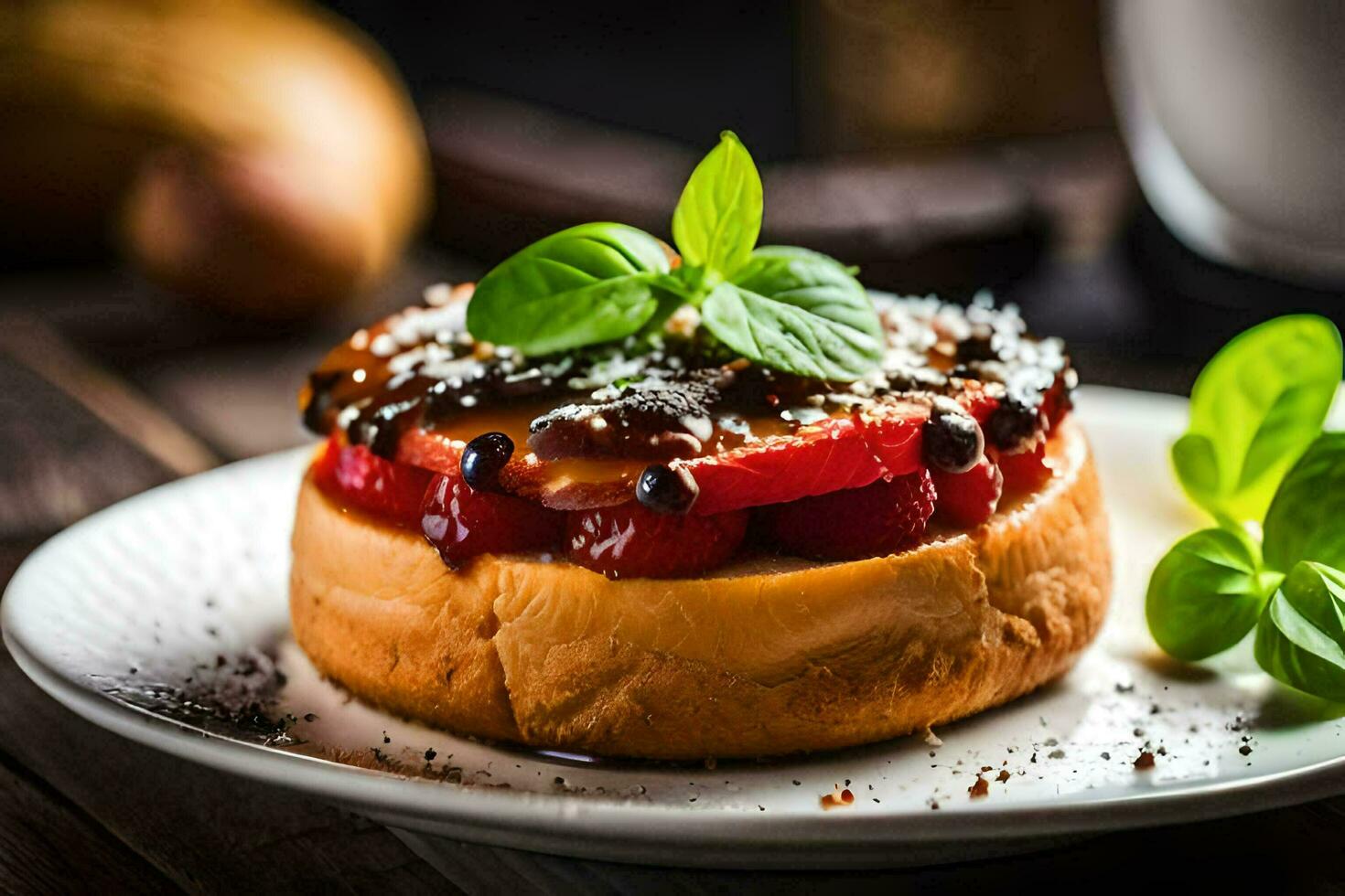 une Pâtisserie avec cerises et menthe sur une blanc plaque. généré par ai photo