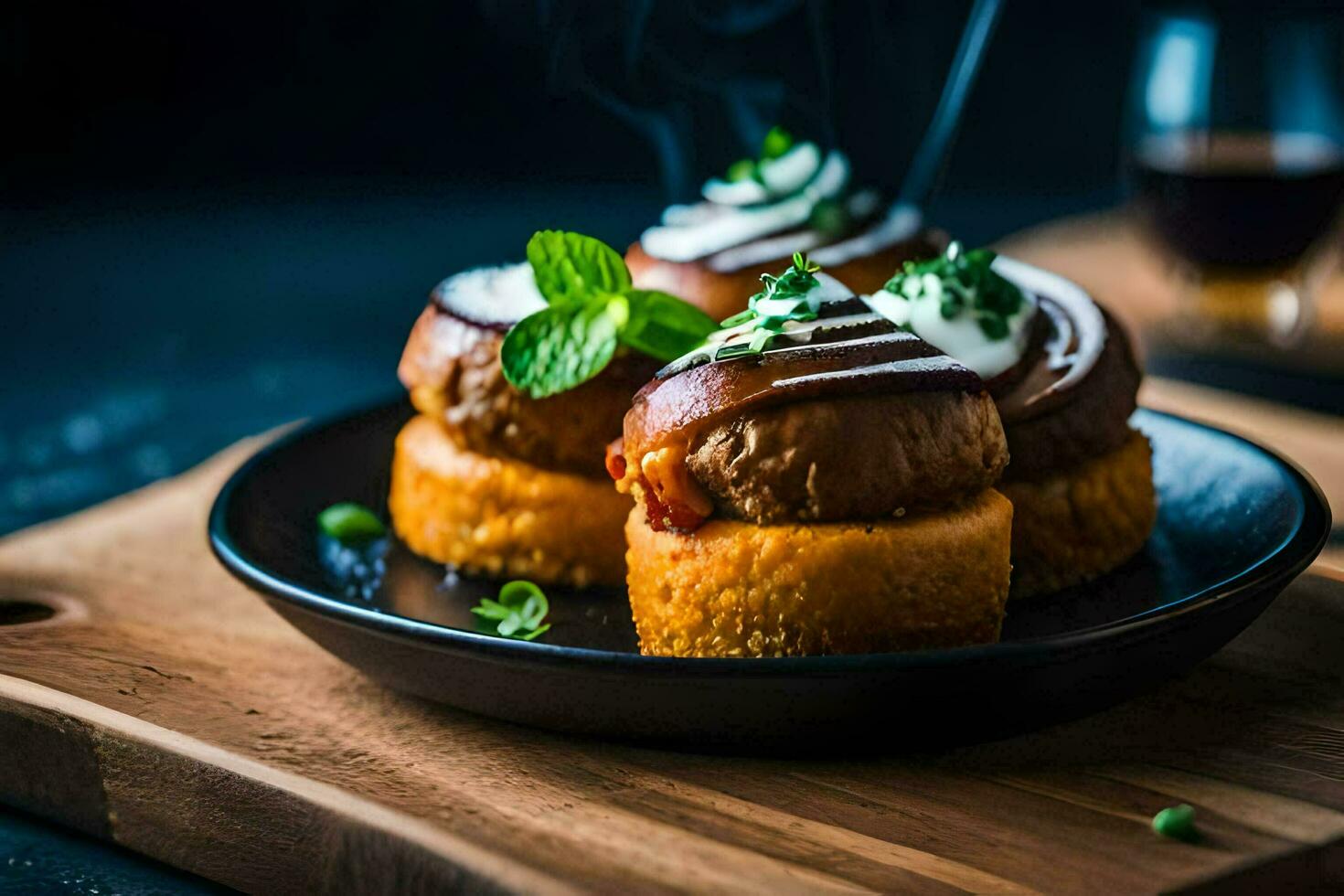 Trois Boulettes de viande sur une assiette avec sauce. généré par ai photo