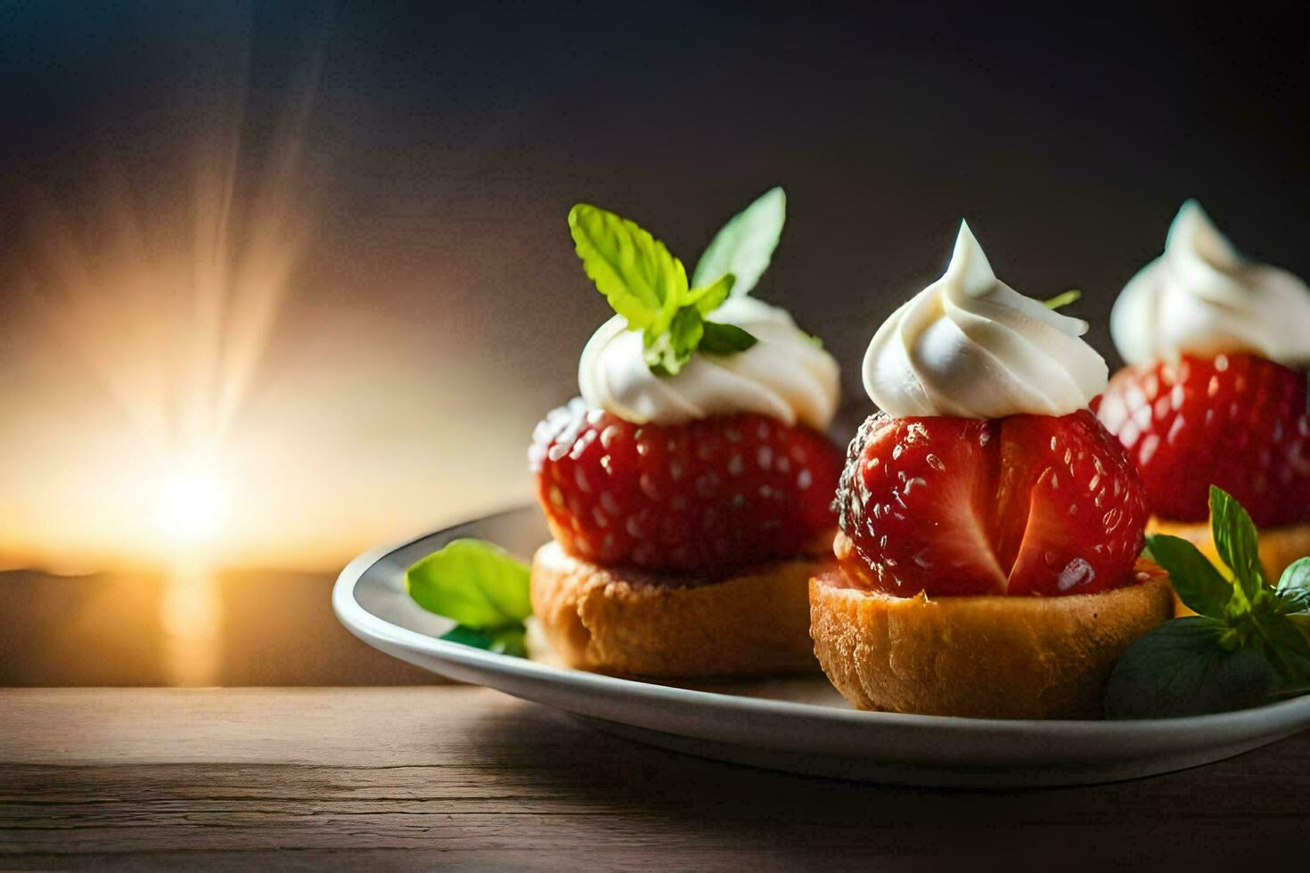 des fraises sur une assiette avec fouetté crème et une le coucher du soleil. généré par ai photo