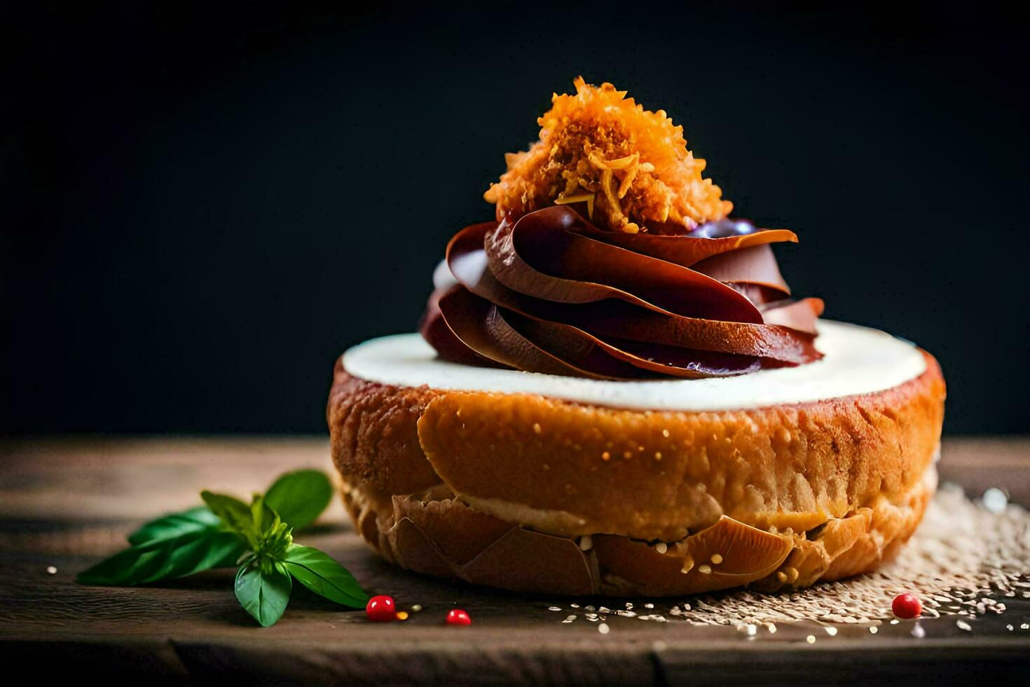 une dessert avec Chocolat et cannelle sur Haut. généré par ai photo