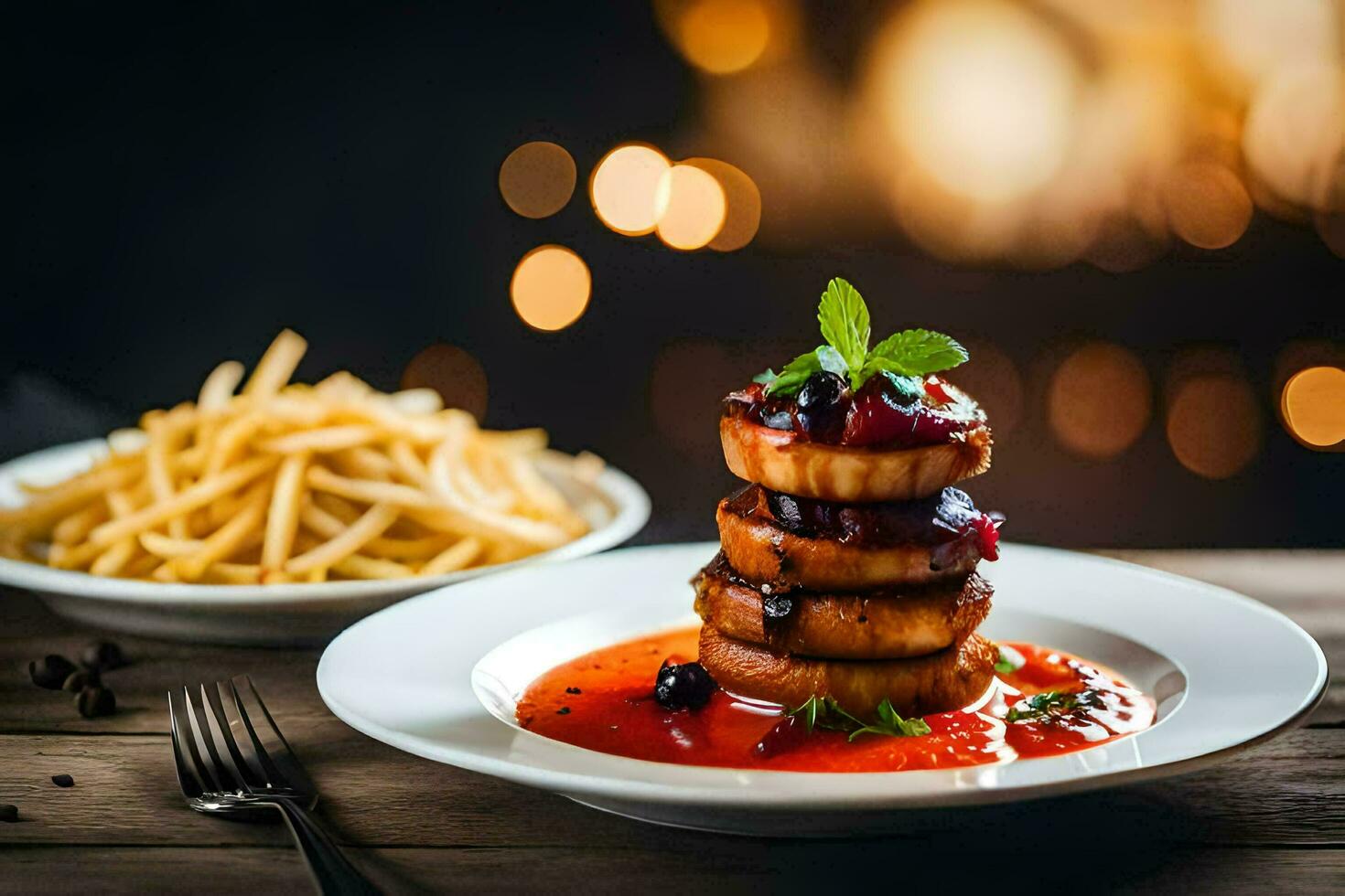 une empiler de escalopes sur une assiette avec frites. généré par ai photo