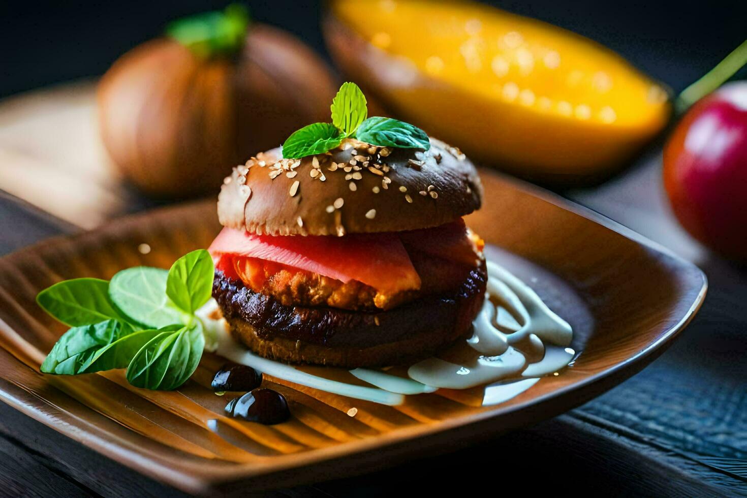 une Hamburger avec sauce et des légumes sur une en bois plaque. généré par ai photo