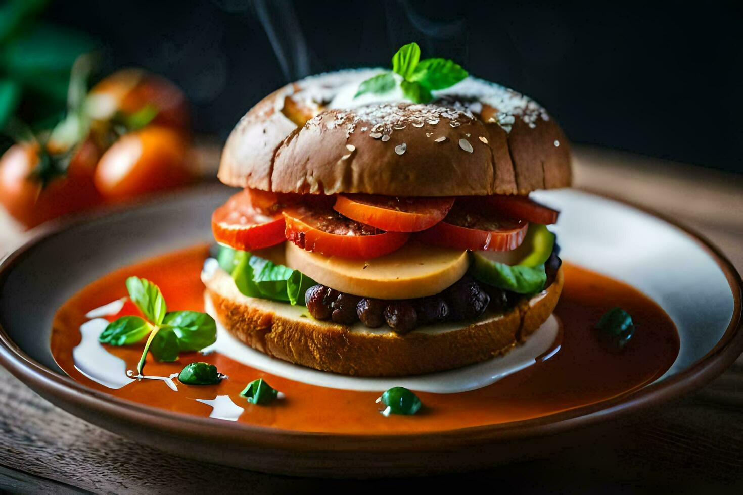 une Hamburger avec tomate, fromage et salade sur une plaque. généré par ai photo