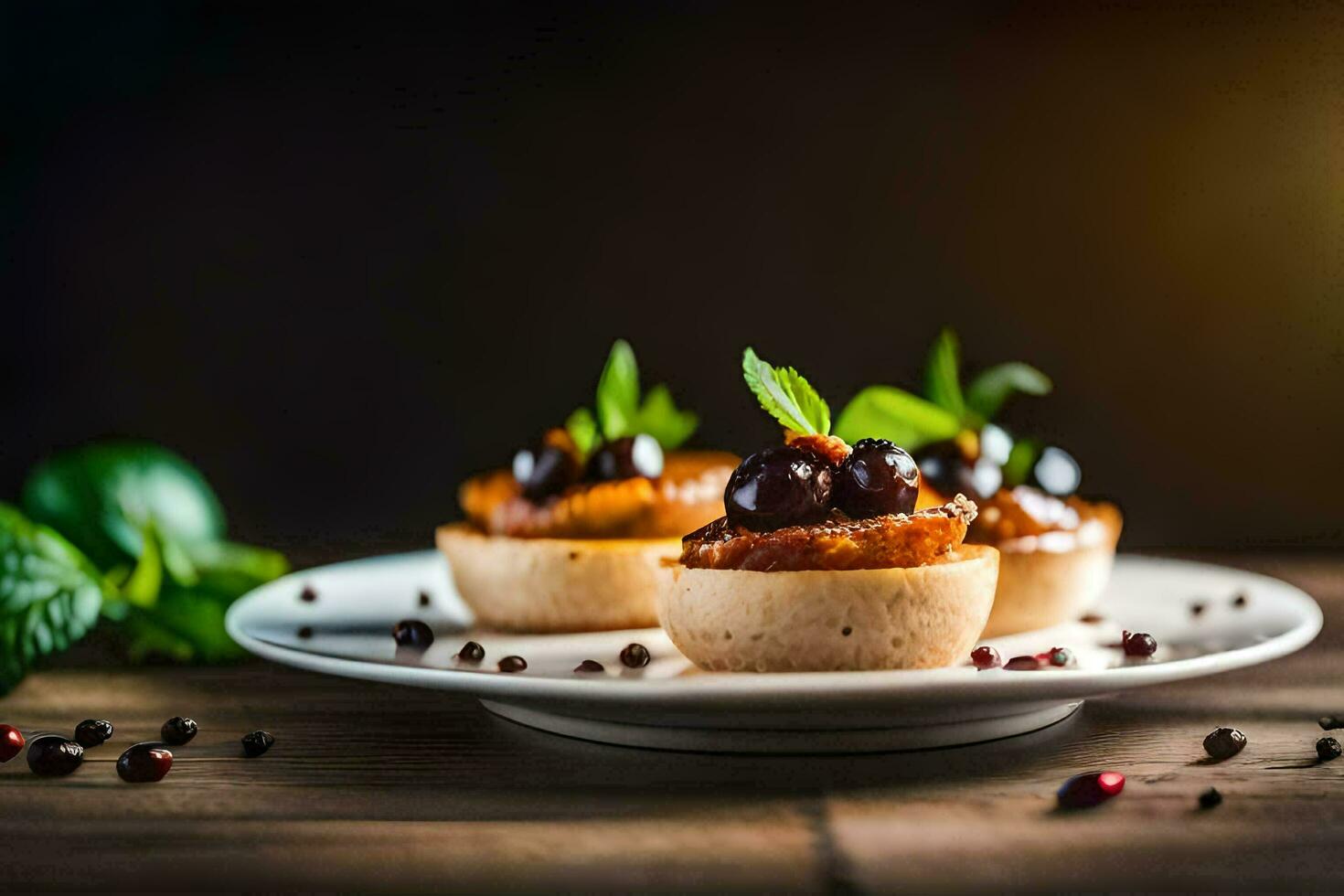 petit tartes avec cerises et menthe sur une blanc plaque. généré par ai photo