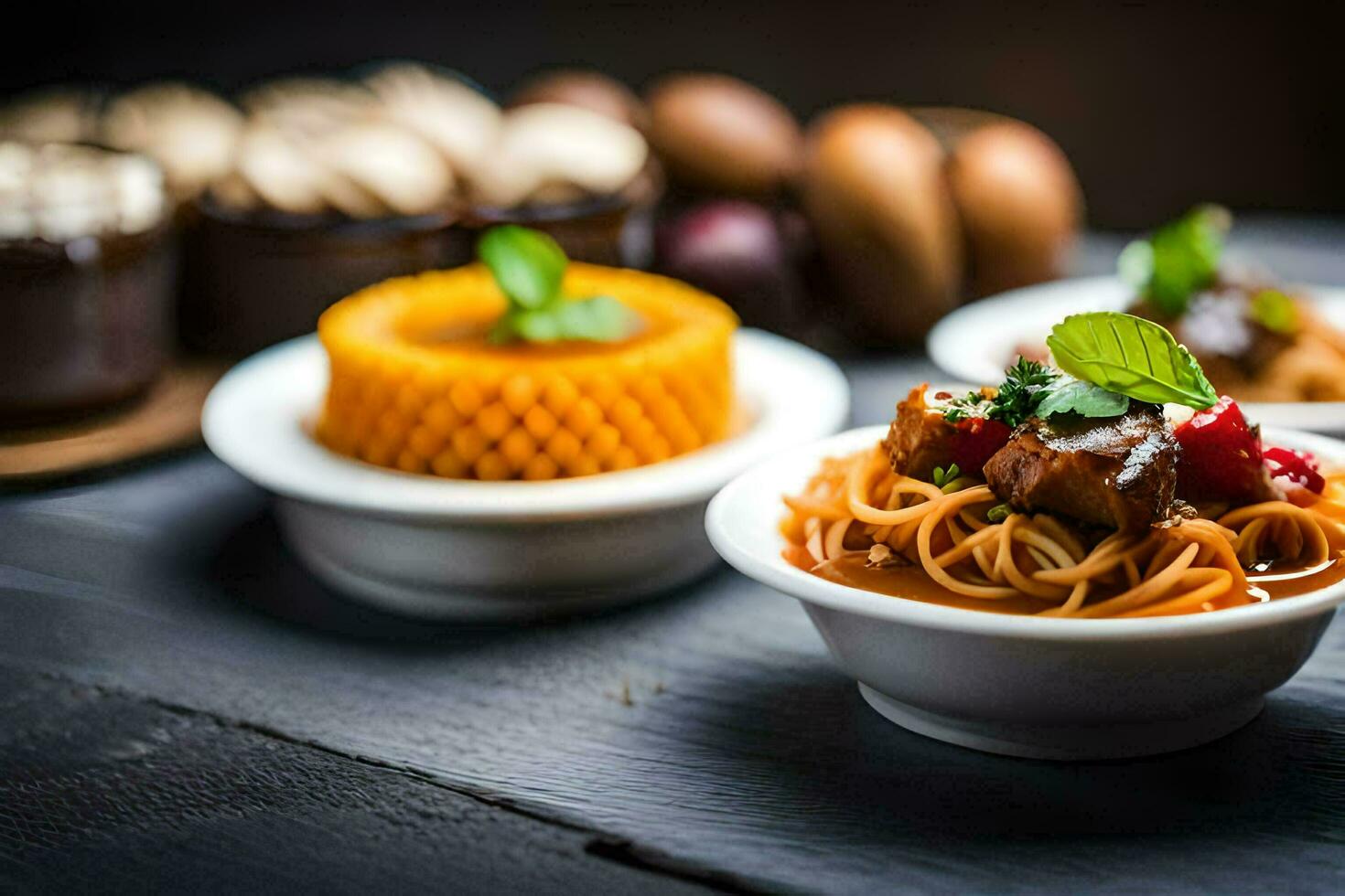 une table avec boules de nourriture et desserts. généré par ai photo