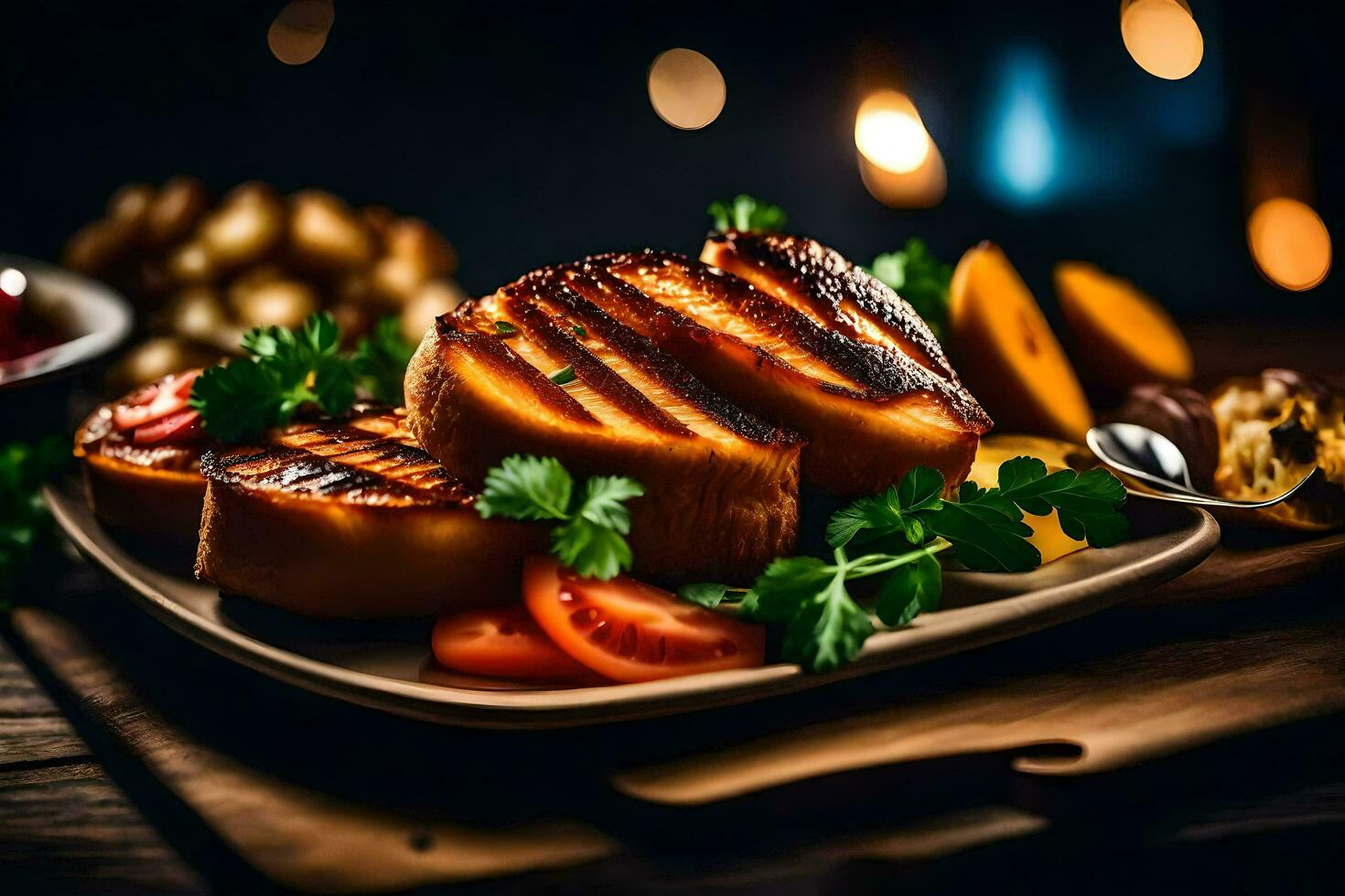 grillé poisson sur une assiette avec des légumes. généré par ai photo