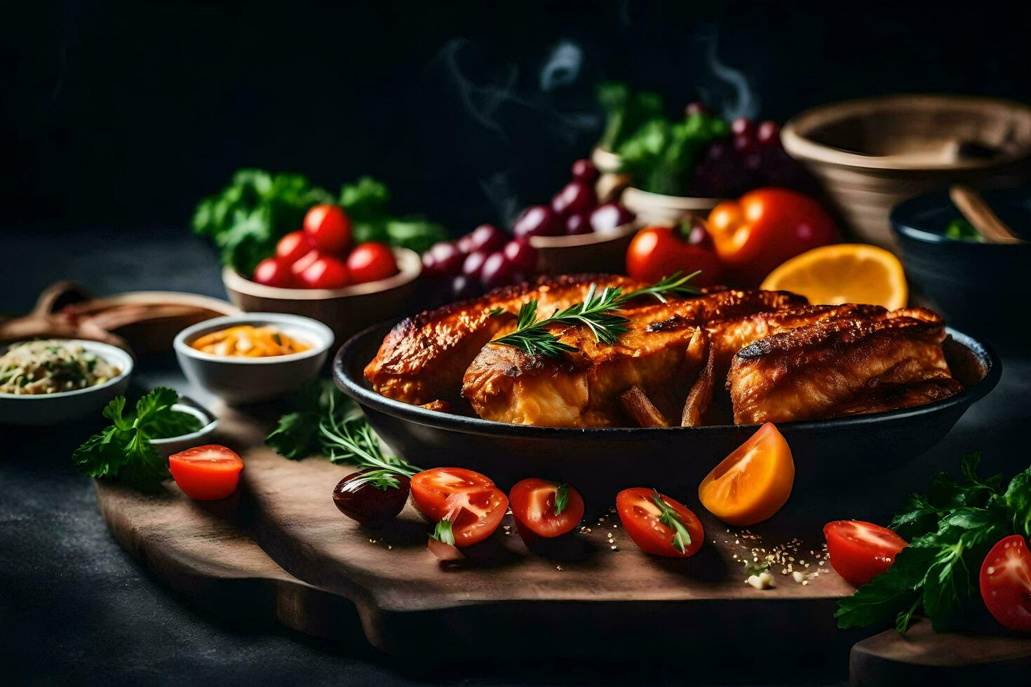 grillé poulet Sein avec des légumes et herbes sur une noir Contexte. généré par ai photo