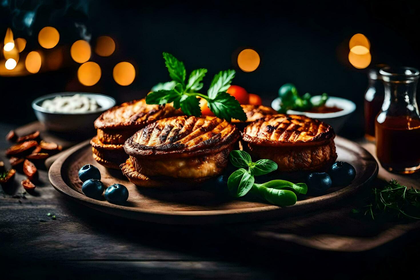 grillé poulet sur une en bois assiette avec myrtilles et herbes. généré par ai photo