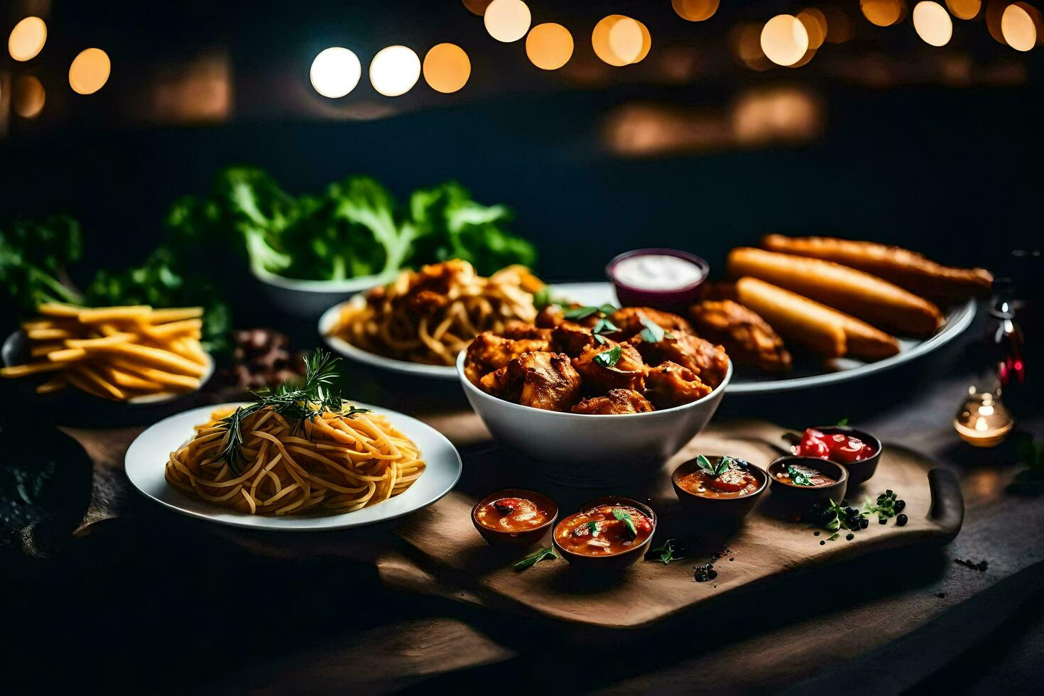 une table avec nourriture et les boissons sur il. généré par ai photo