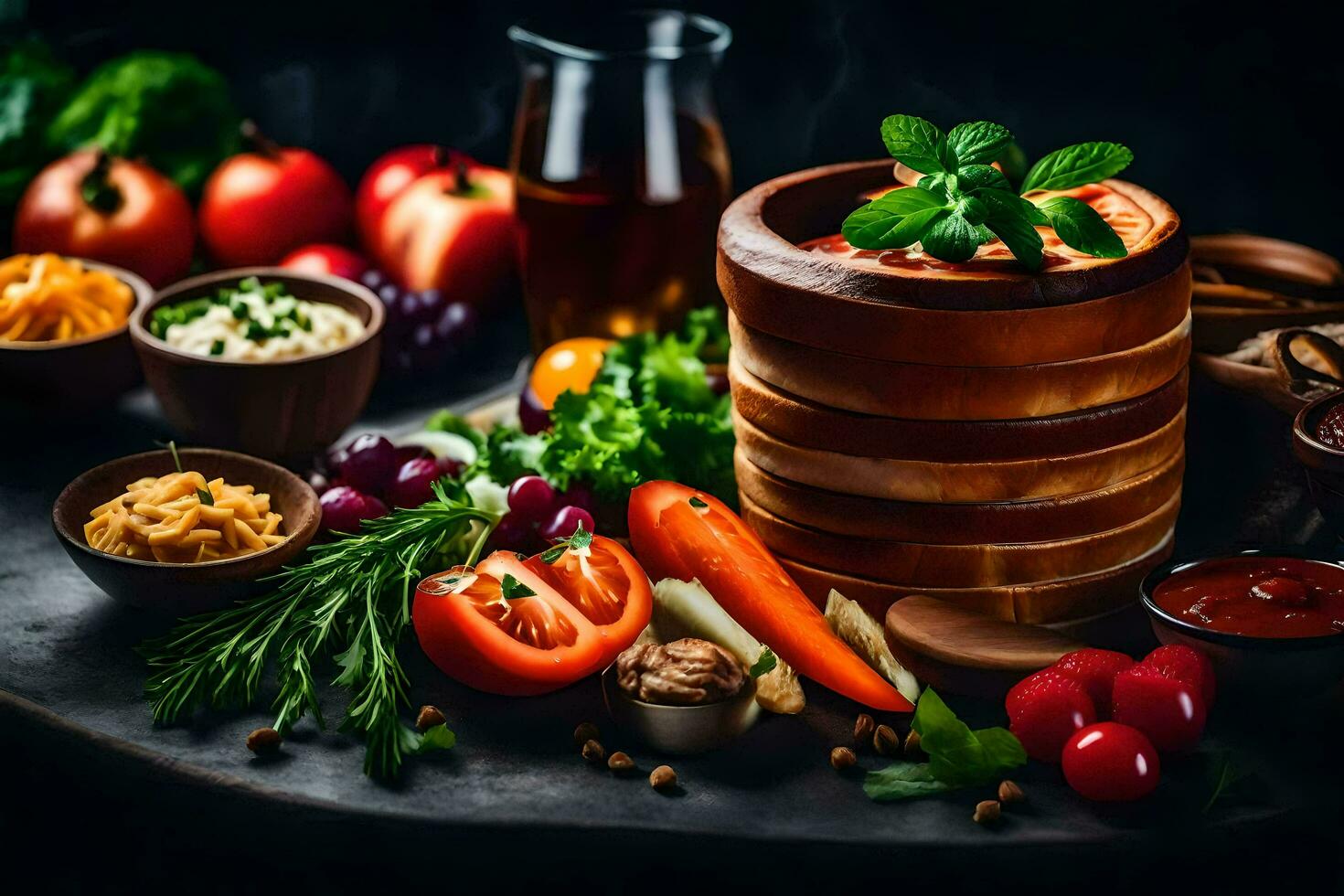 une en bois bol rempli avec divers des légumes et autre nourriture. généré par ai photo