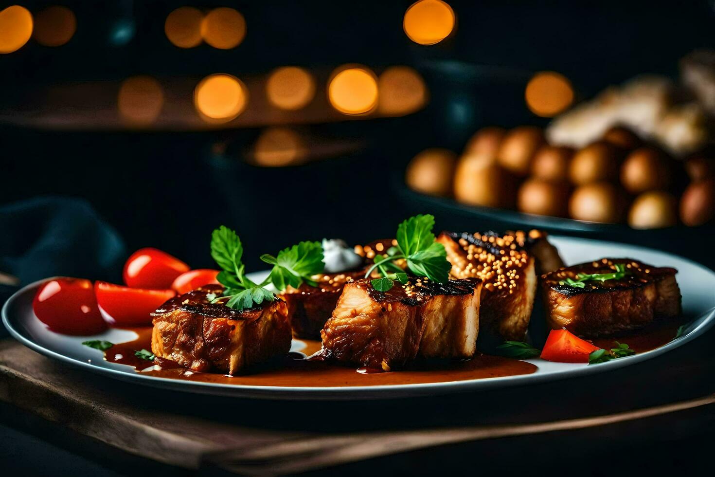 une assiette de Viande avec sauce et des légumes. généré par ai photo