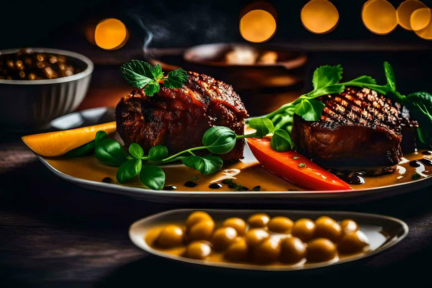 deux pièces de Viande sur une assiette avec des légumes. généré par ai photo