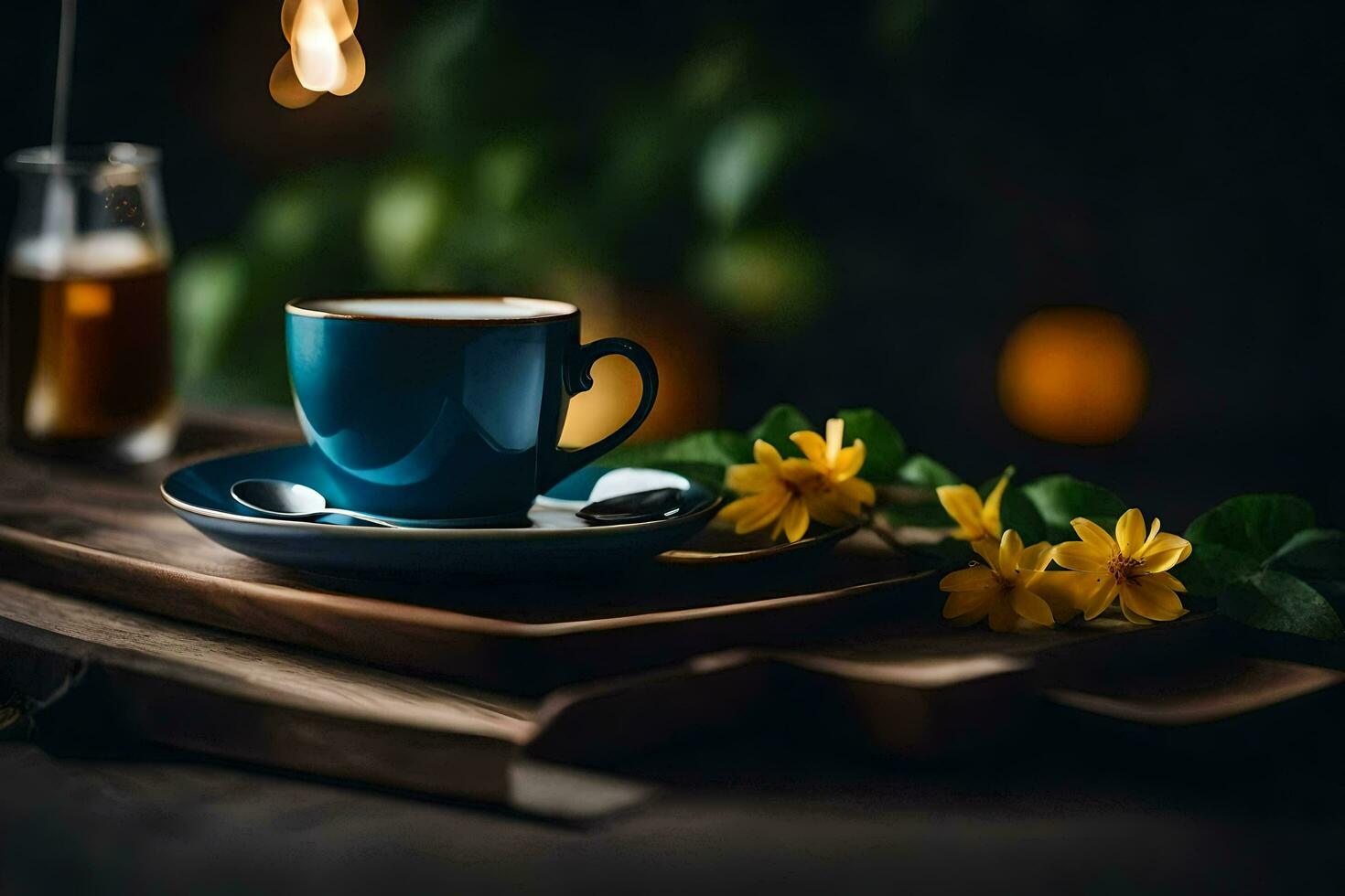 une tasse de café sur une en bois table avec fleurs. généré par ai photo