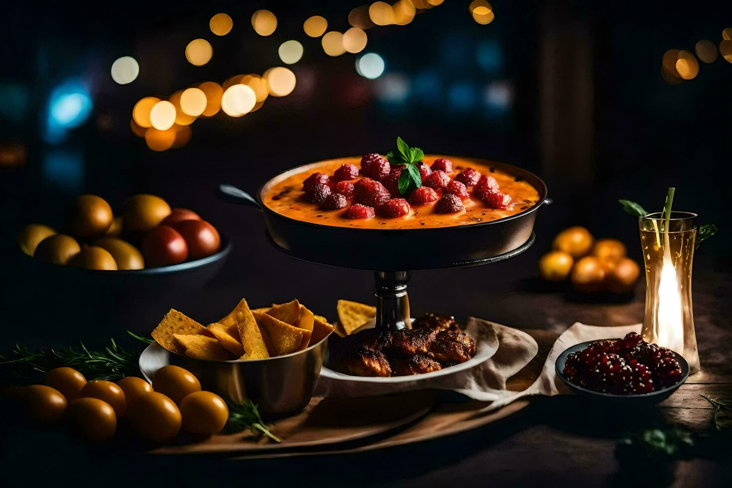 une table avec nourriture et bougies sur il. généré par ai photo