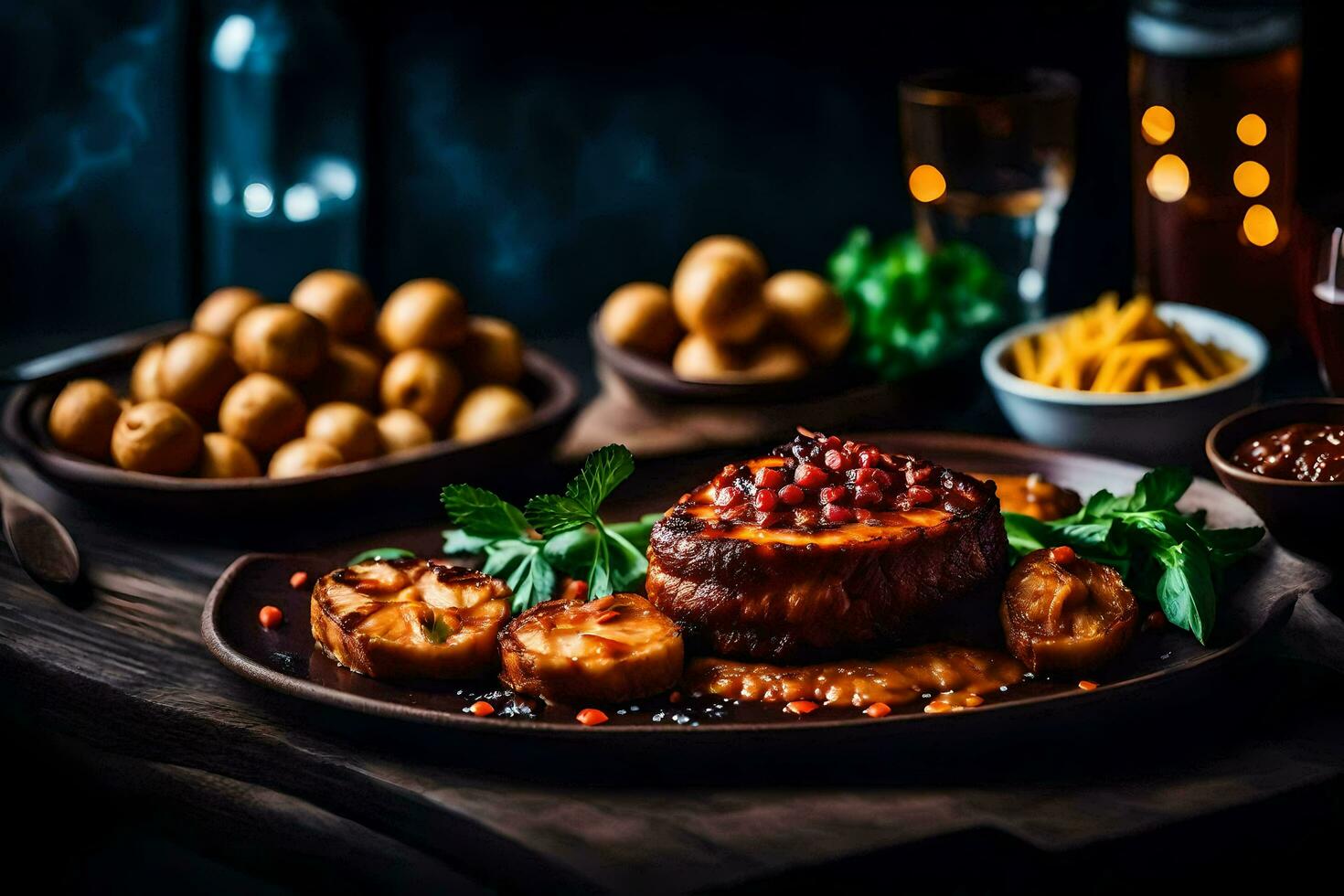 une assiette de nourriture avec Viande et patates sur il. généré par ai photo