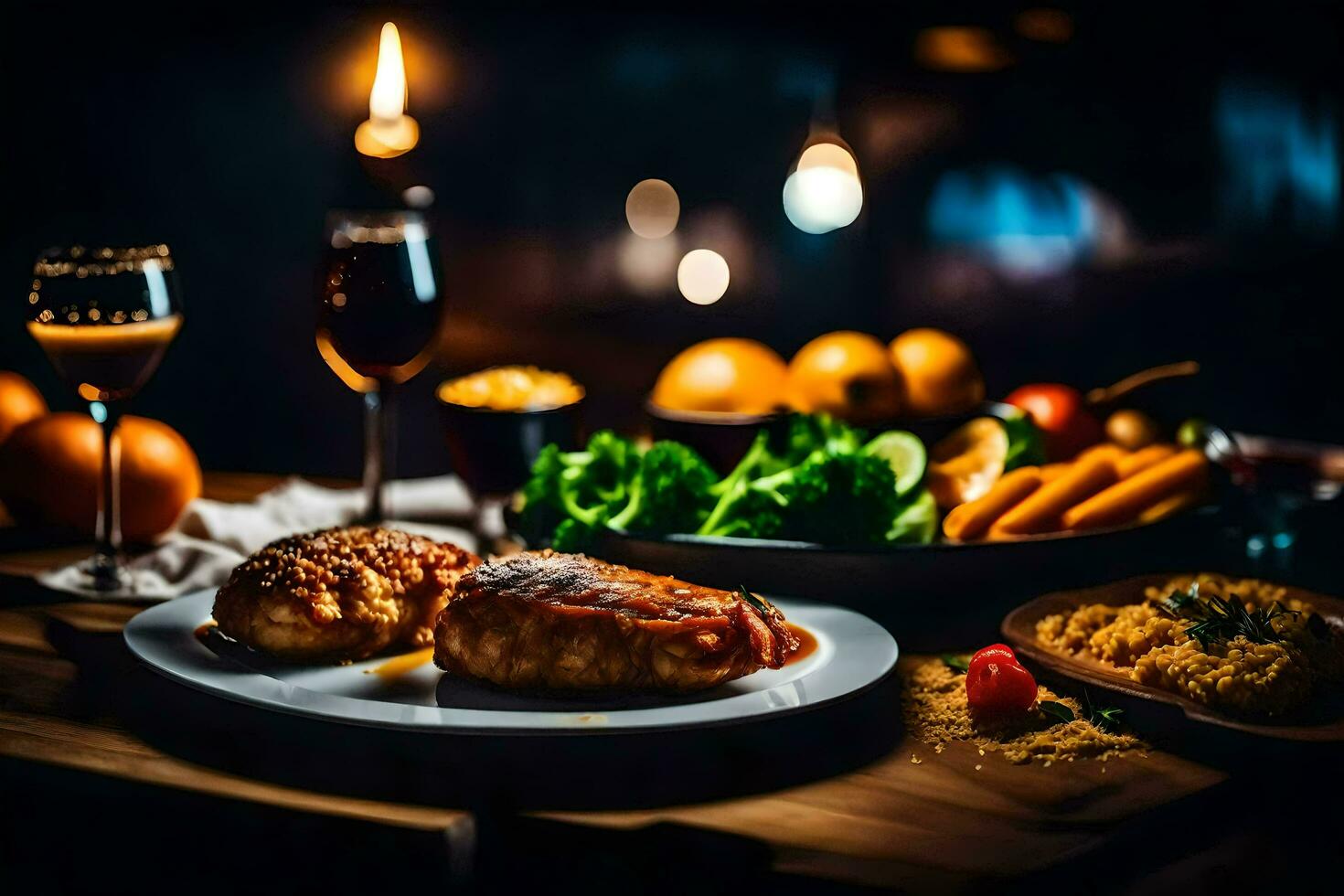 une table avec nourriture et du vin. généré par ai photo