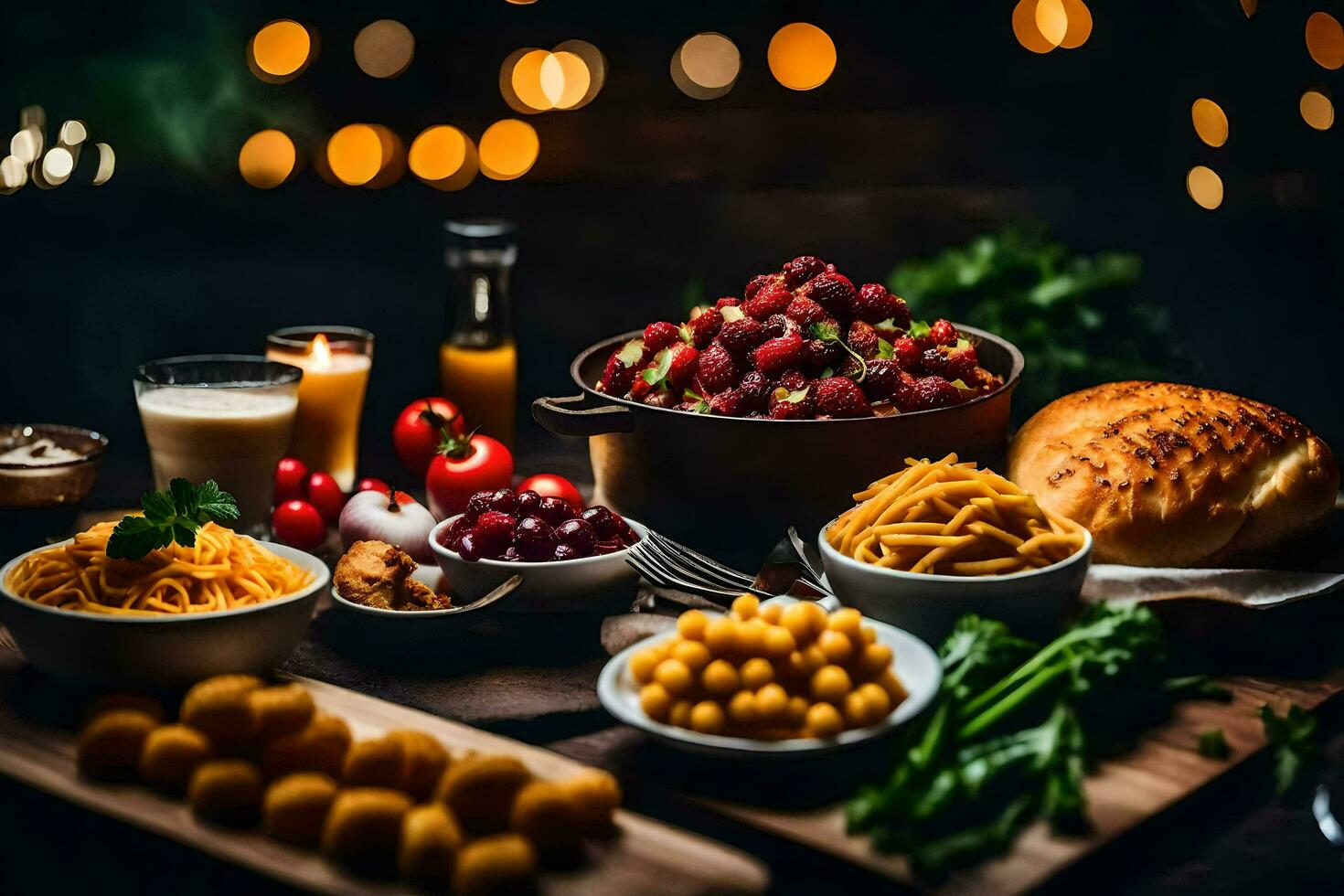 une table avec divers nourriture comprenant pain, Pâtes, et autre nourriture. généré par ai photo