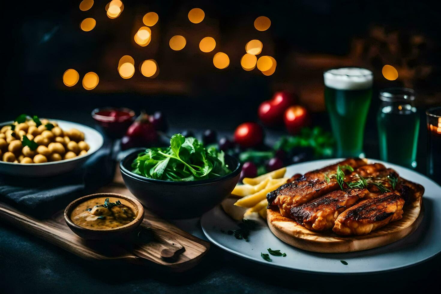 une assiette de nourriture avec Viande, patates et des légumes. généré par ai photo