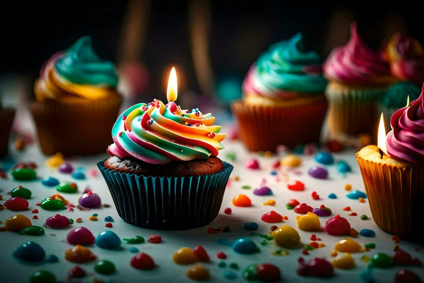 une petit gâteau avec une allumé bougie est entouré par coloré arrose. généré par ai photo