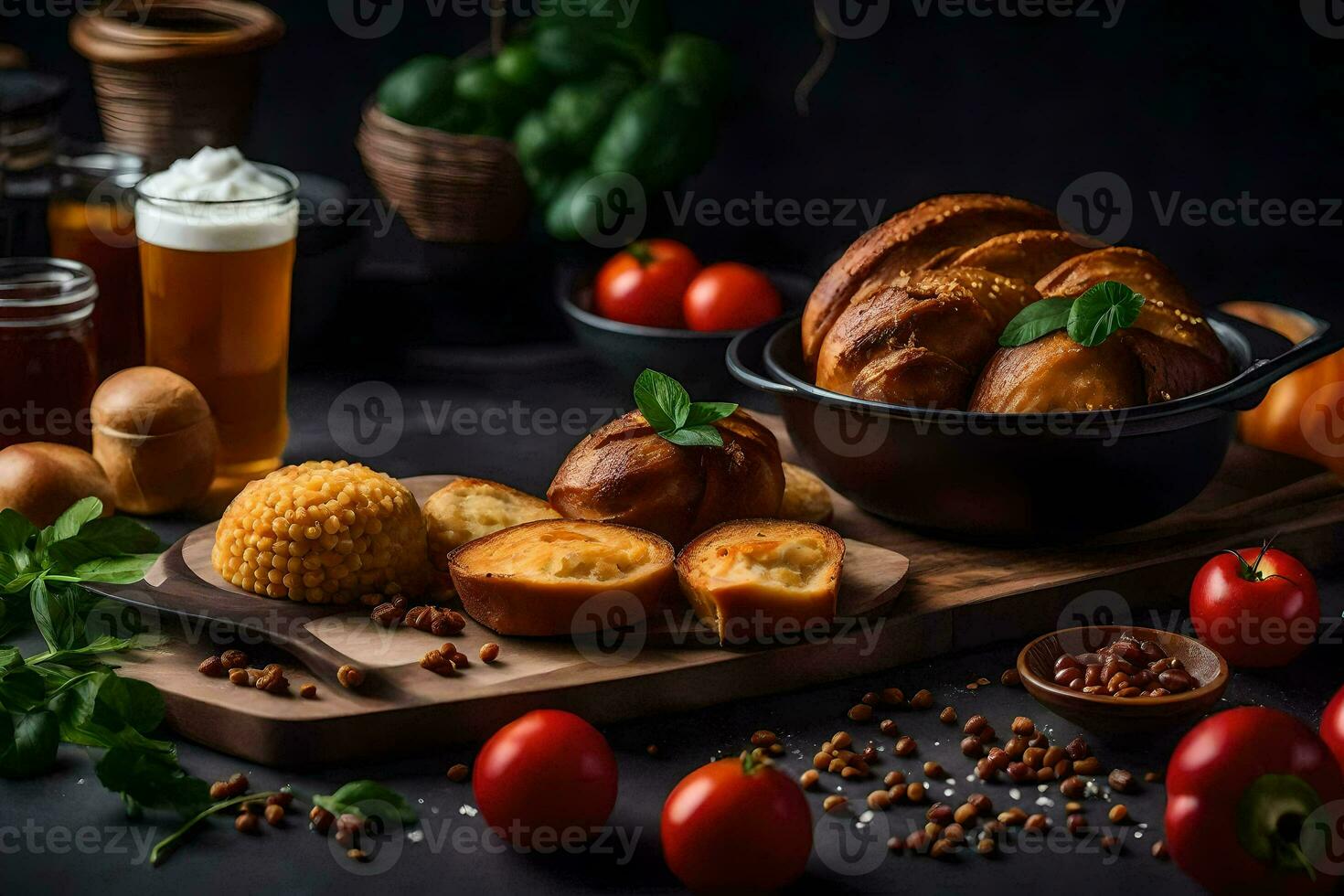 une table avec pain, fromage et autre aliments. généré par ai photo