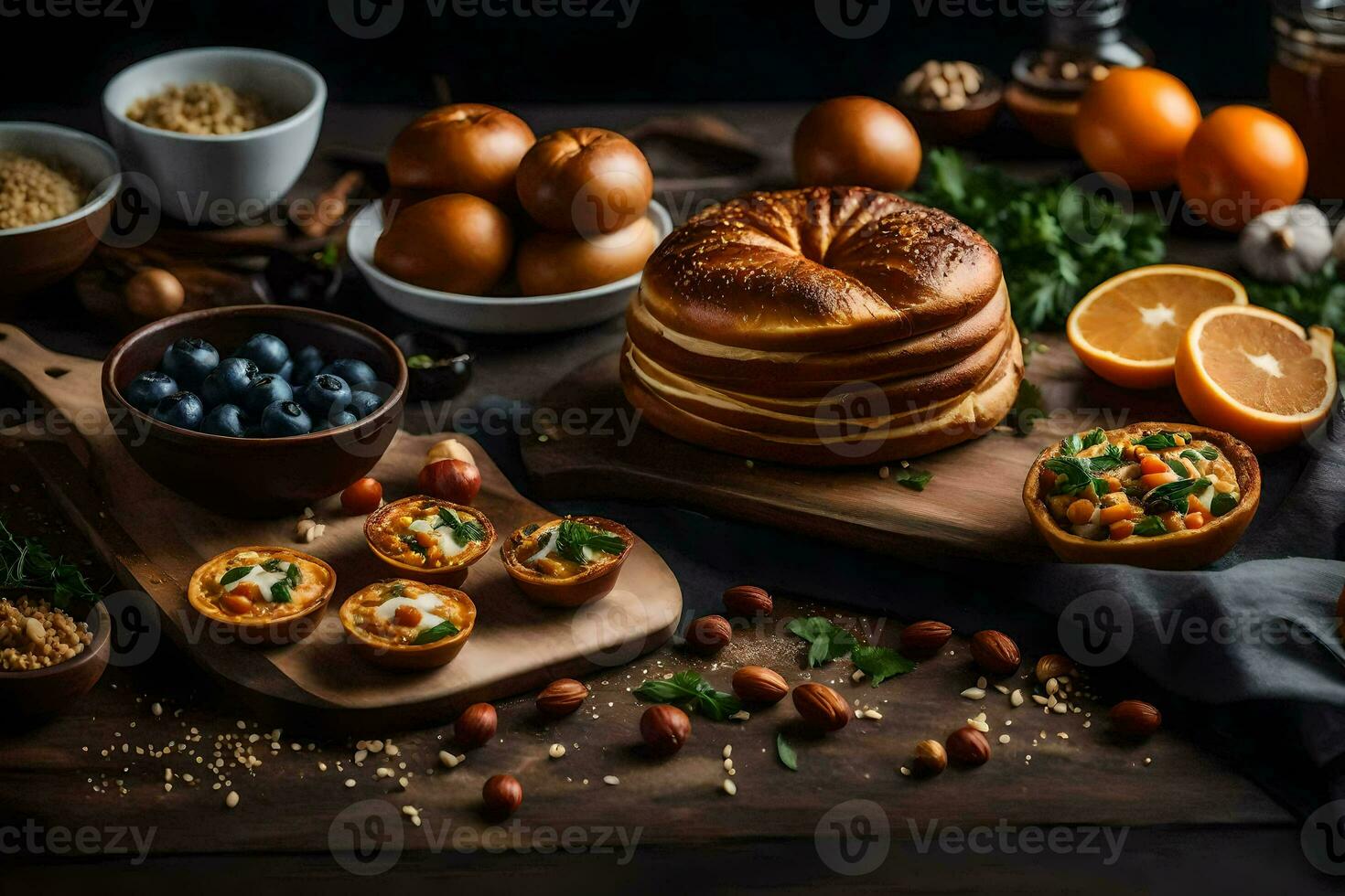 une table avec divers nourriture comprenant pain, des oranges, des noisettes et autre articles. généré par ai photo