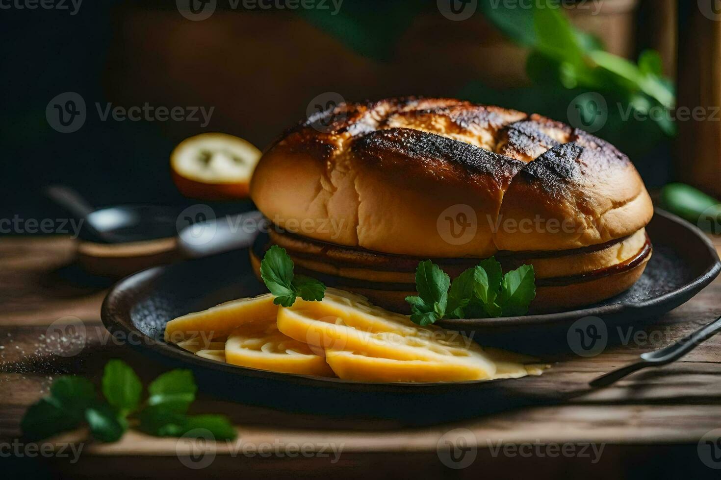 une sandwich avec fromage et pain sur une plaque. généré par ai photo