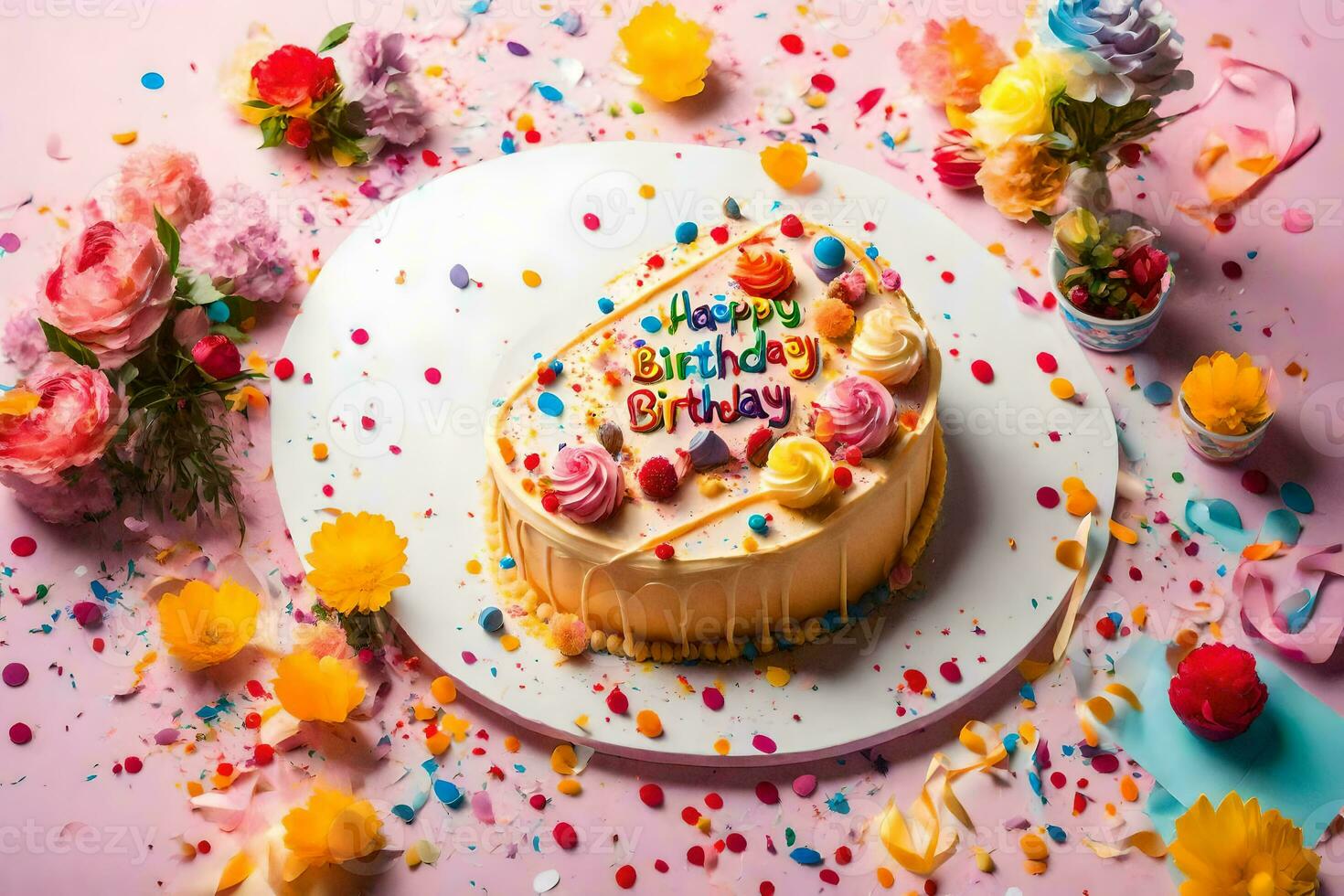 une anniversaire gâteau avec confettis et fleurs sur une rose Contexte. généré par ai photo