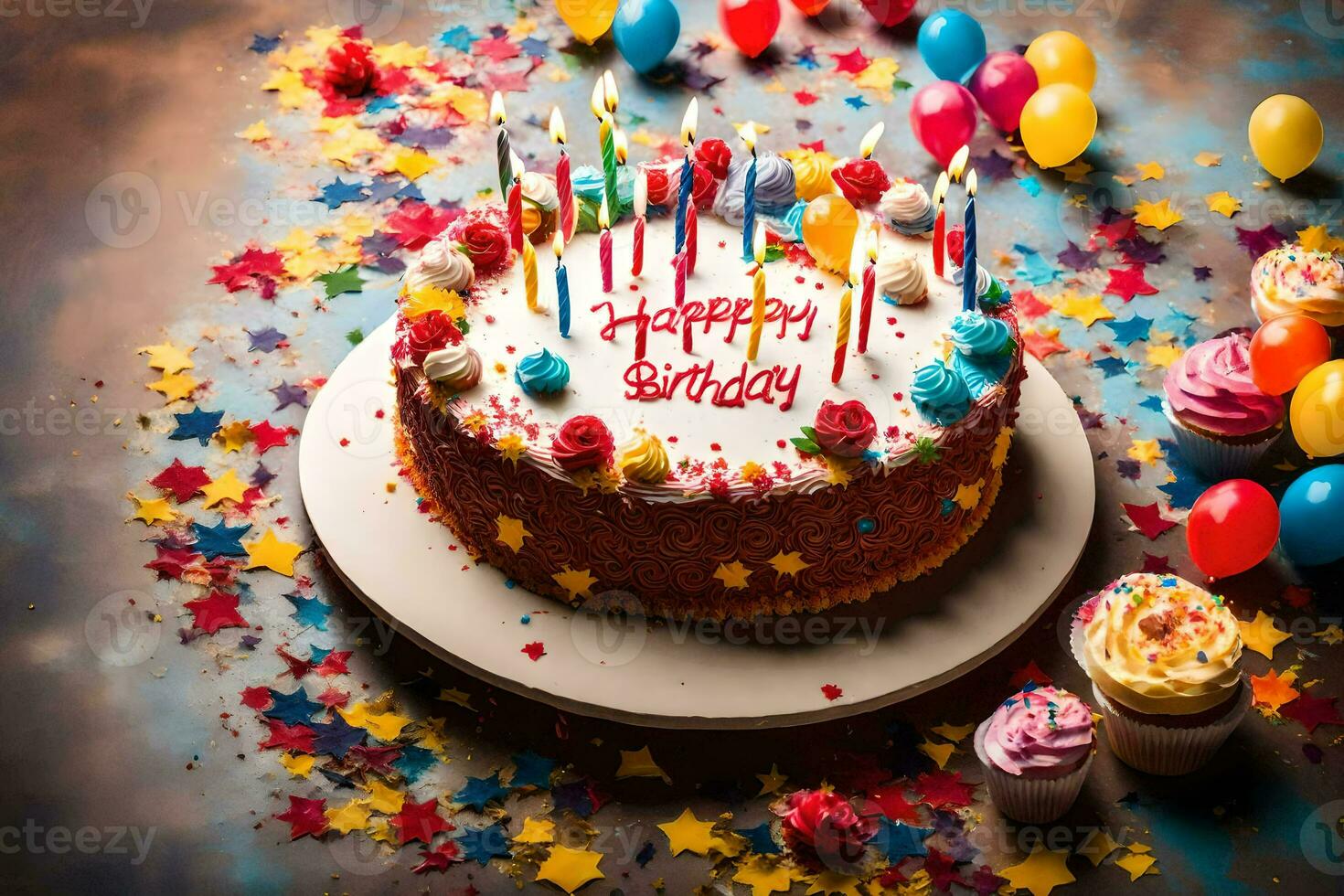 une anniversaire gâteau avec bougies et coloré confettis. généré par ai photo