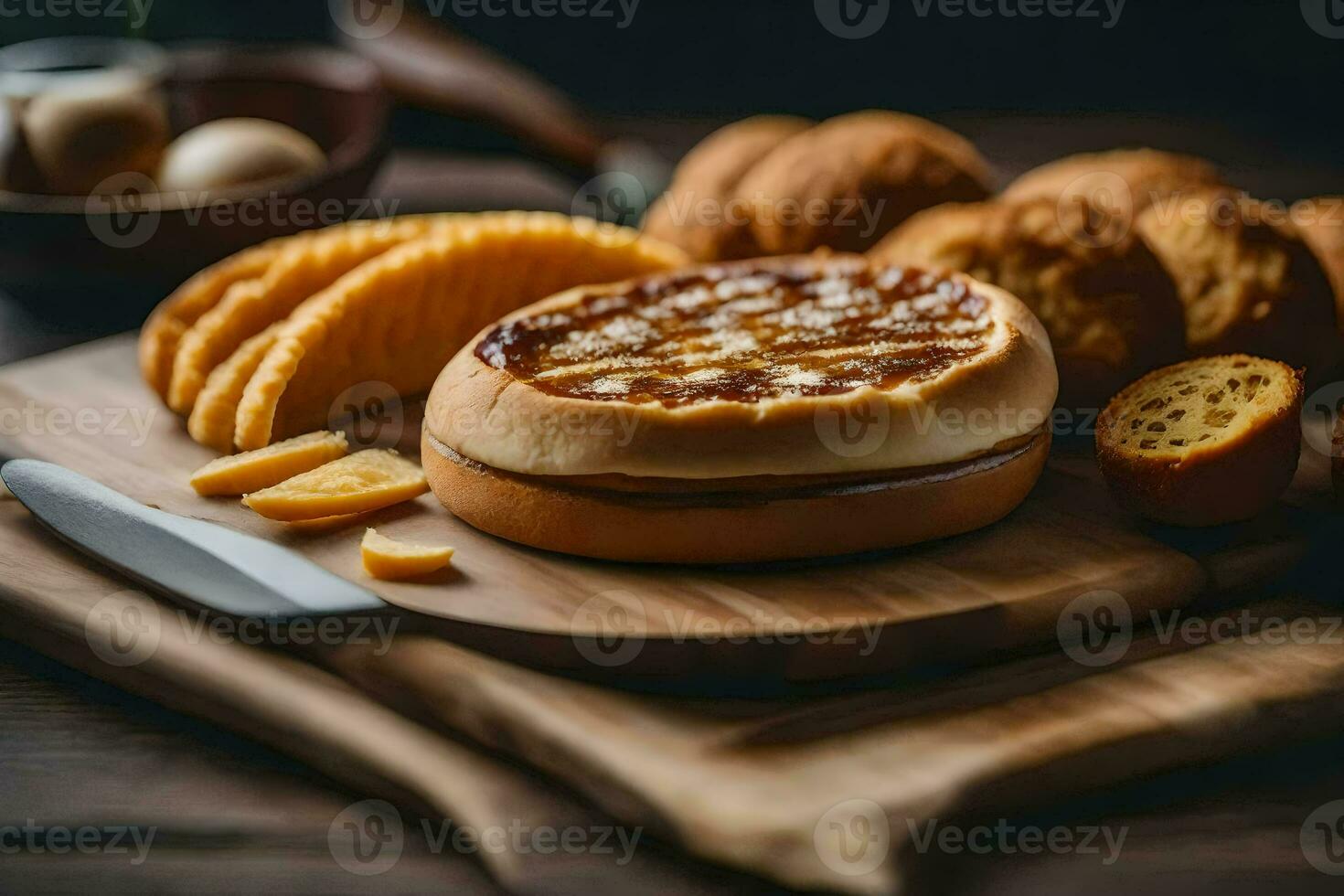 une fromage et pain sandwich sur une en bois Coupe planche. généré par ai photo