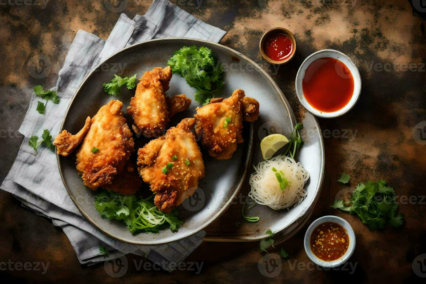 poulet ailes avec sauce et garnir sur une plaque. généré par ai photo