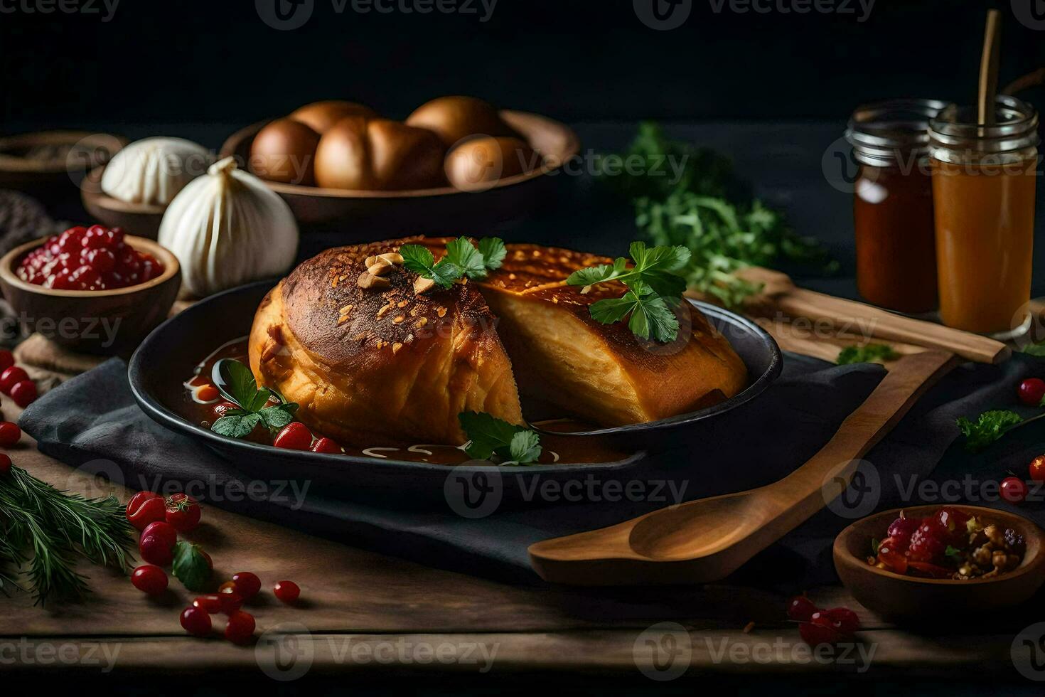 une assiette de nourriture avec pain, des œufs et herbes. généré par ai photo