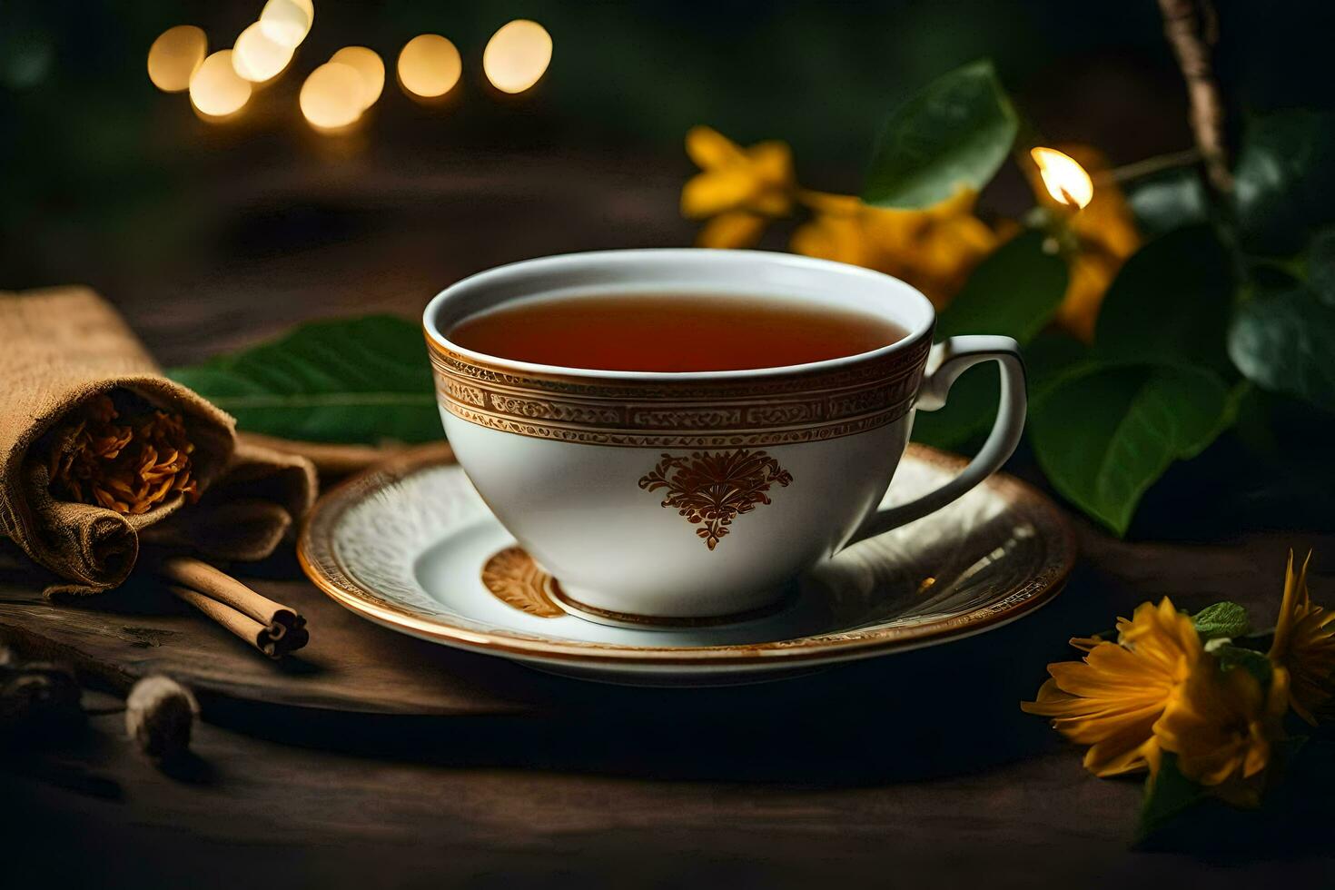 une tasse de thé avec une soucoupe et une cannelle bâton. généré par ai photo