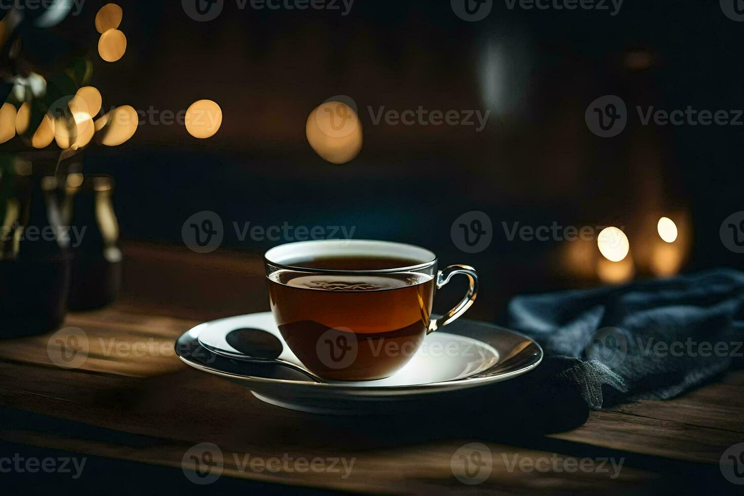 une tasse de thé sur une en bois tableau. généré par ai photo