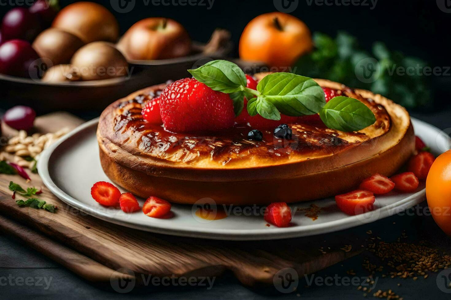 une gâteau avec baies et tomates sur une plaque. généré par ai photo