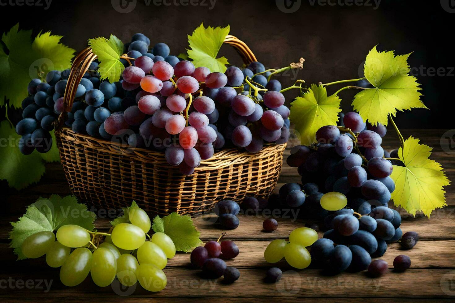 les raisins dans une panier sur une en bois tableau. généré par ai photo