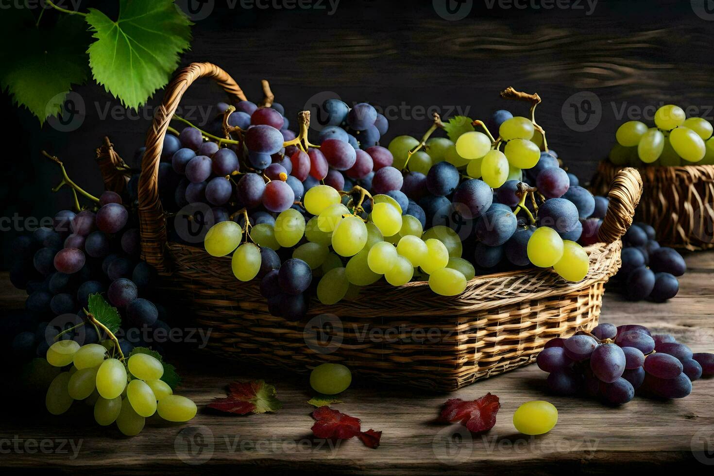 les raisins dans une panier sur une en bois tableau. généré par ai photo