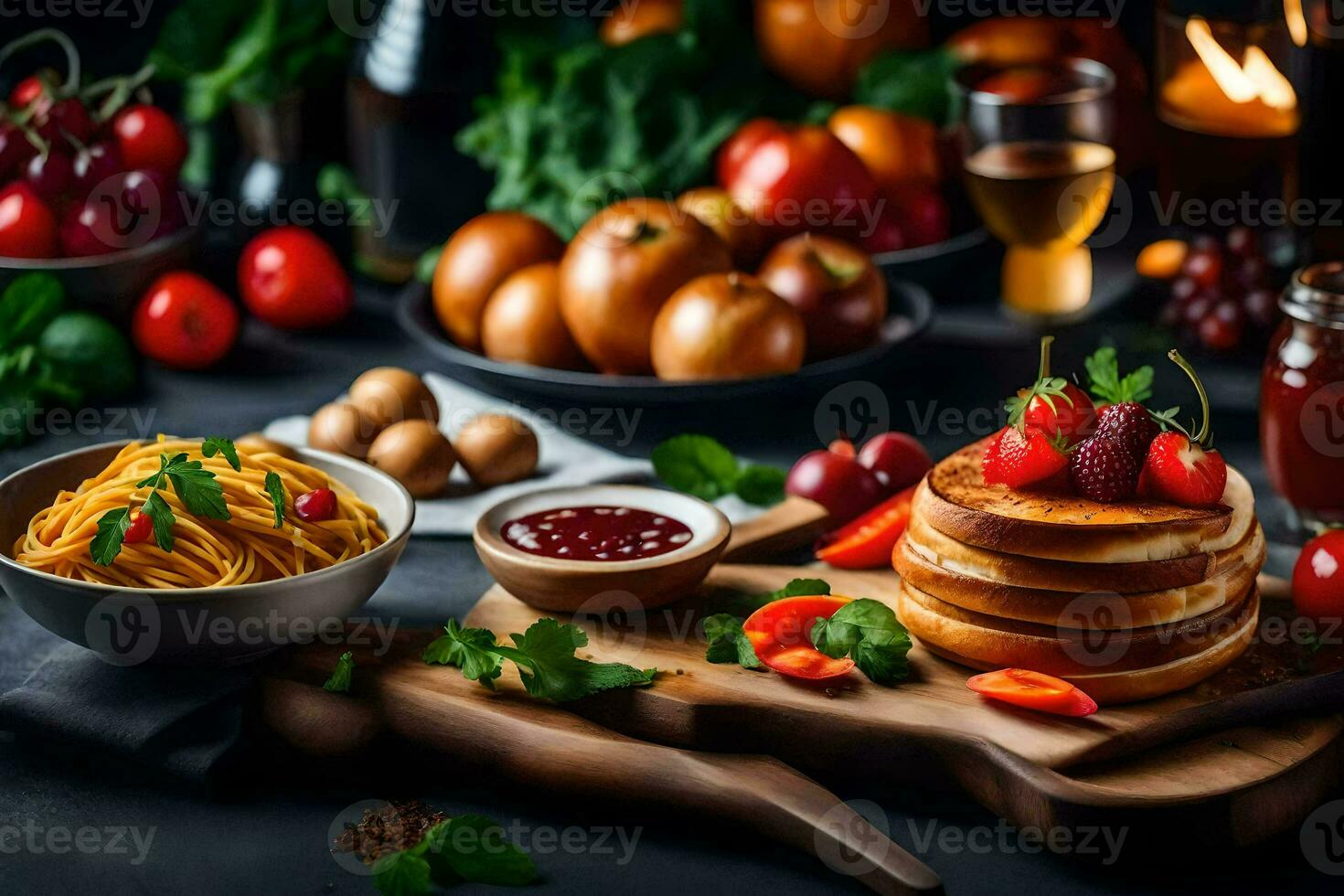 Crêpes, fruit et des légumes sur une tableau. généré par ai photo