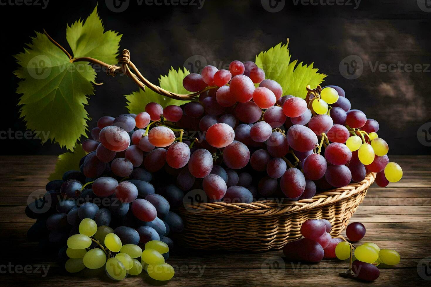 les raisins dans une panier sur une en bois tableau. généré par ai photo