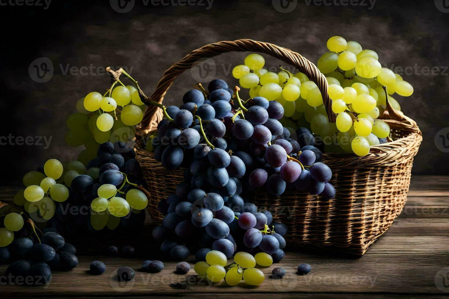 les raisins dans une panier sur une en bois tableau. généré par ai photo