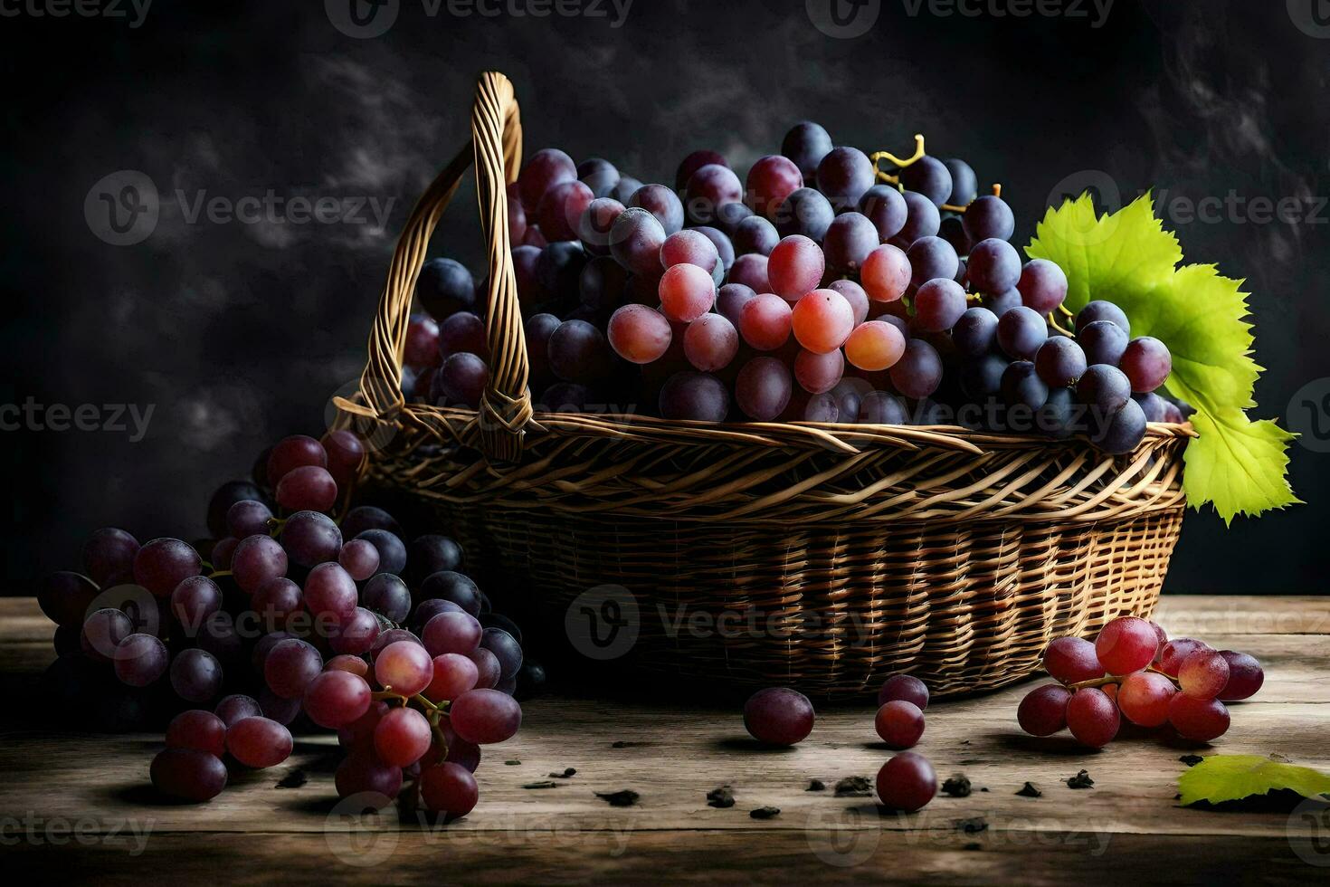 les raisins dans une panier sur une foncé Contexte. généré par ai photo