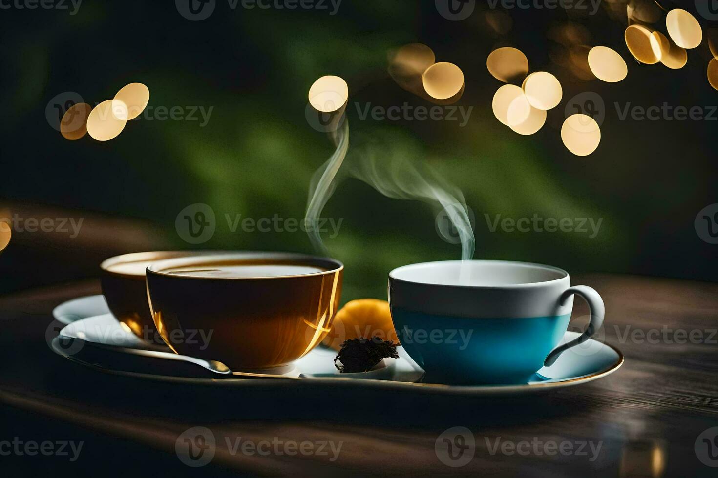 deux tasses de café sur une en bois table avec bokeh lumières. généré par ai photo