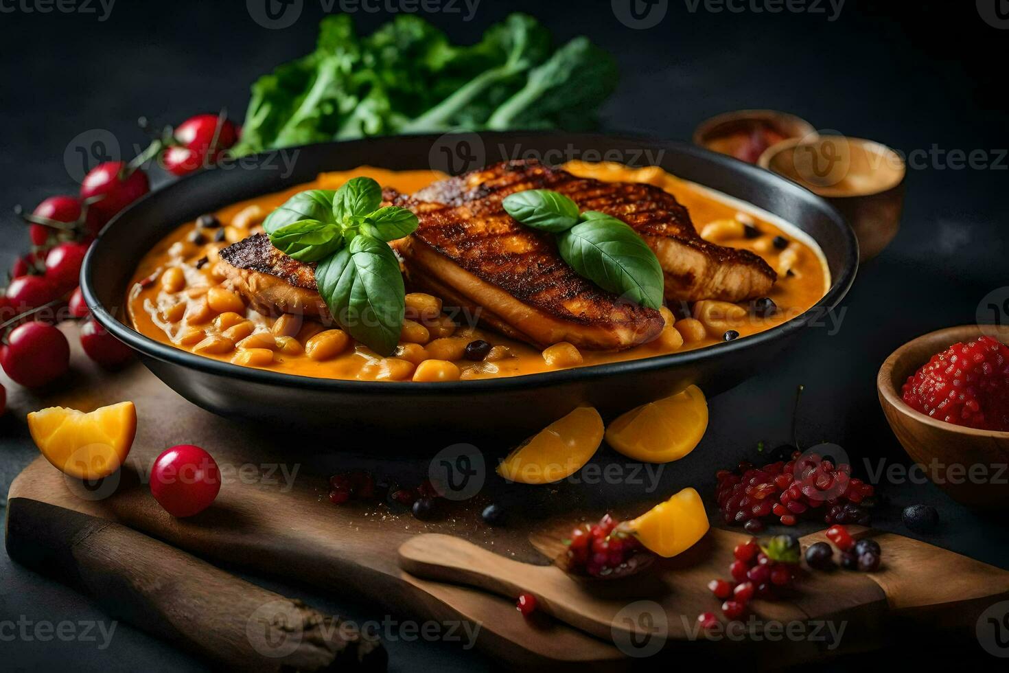 poulet Sein avec des haricots et tomates dans une sauce sur une noir Contexte. généré par ai photo