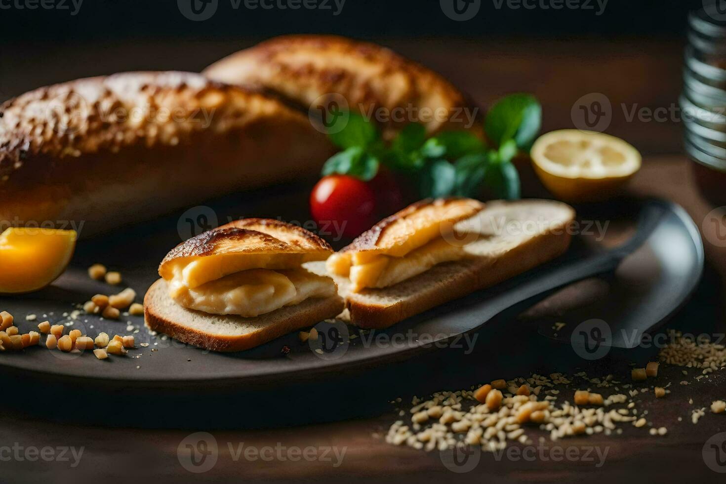 pain avec fromage et tomates sur une en bois tableau. généré par ai photo