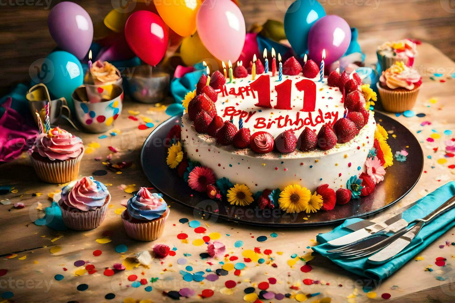 une anniversaire gâteau avec bougies et confettis. généré par ai photo