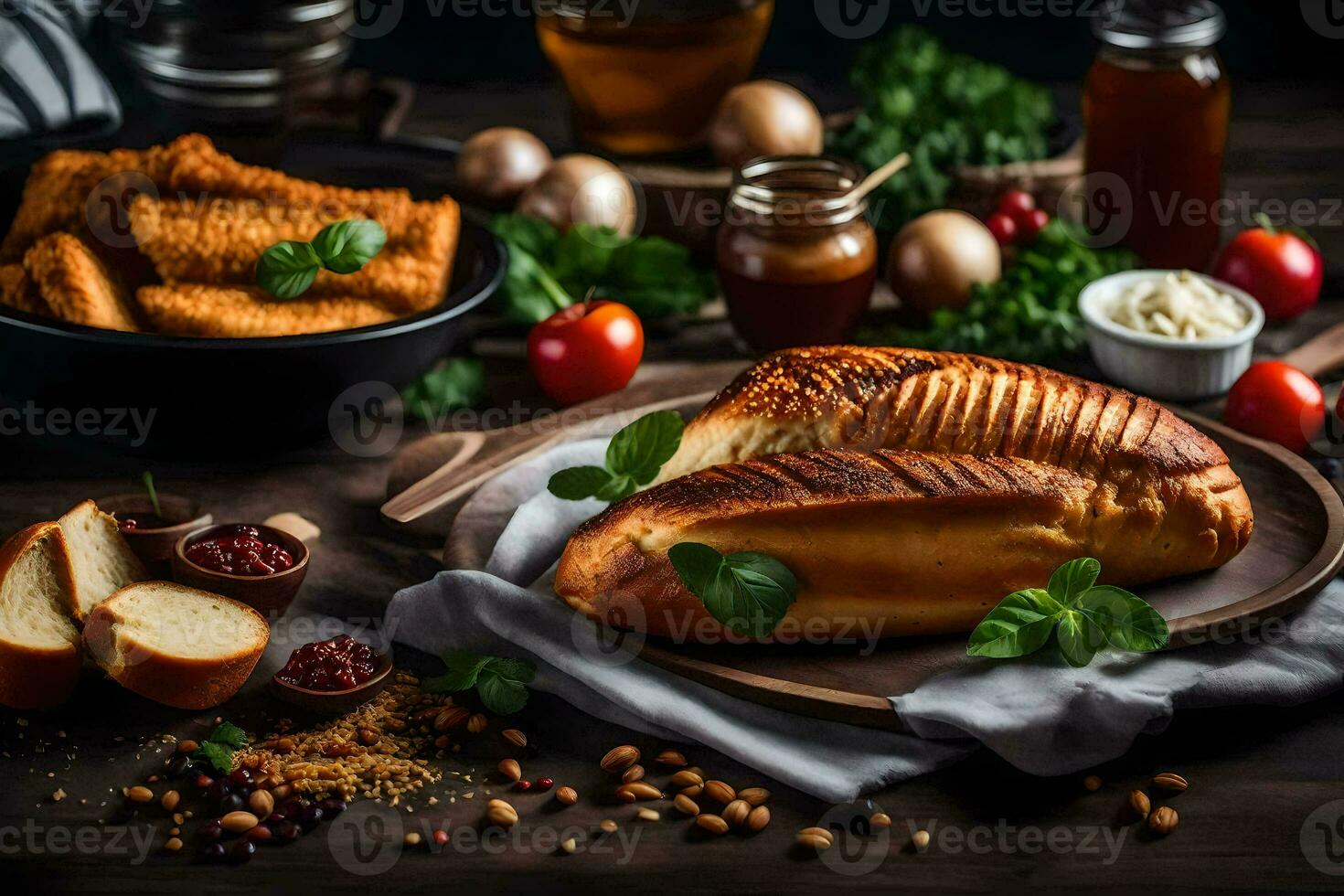 pain avec Viande et des légumes sur une en bois tableau. généré par ai photo